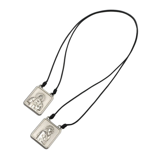 Silver rectangular male scapular pendant with embossed figure on black cord men’s jewelry necklace