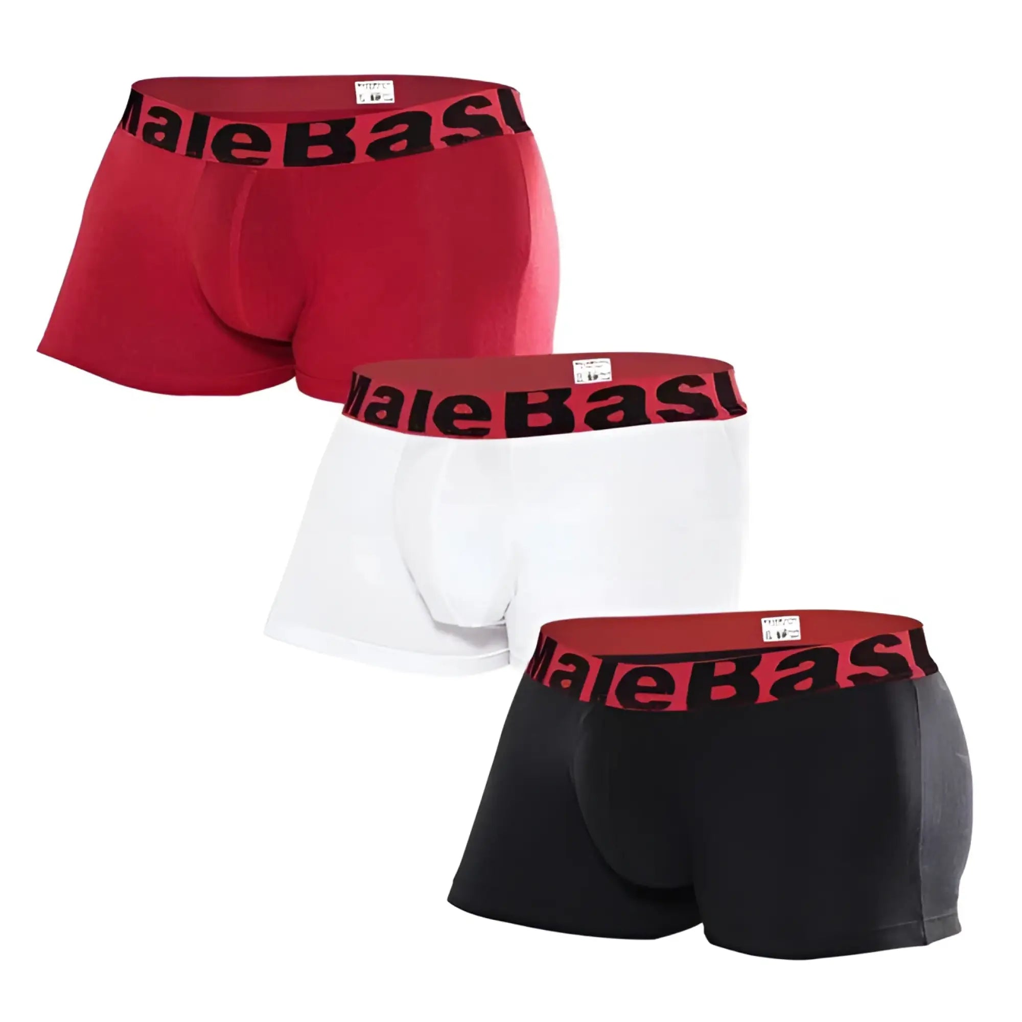 Set of three malebasics assorted trunks boxer briefs in red white and black with branded elastic waistbands