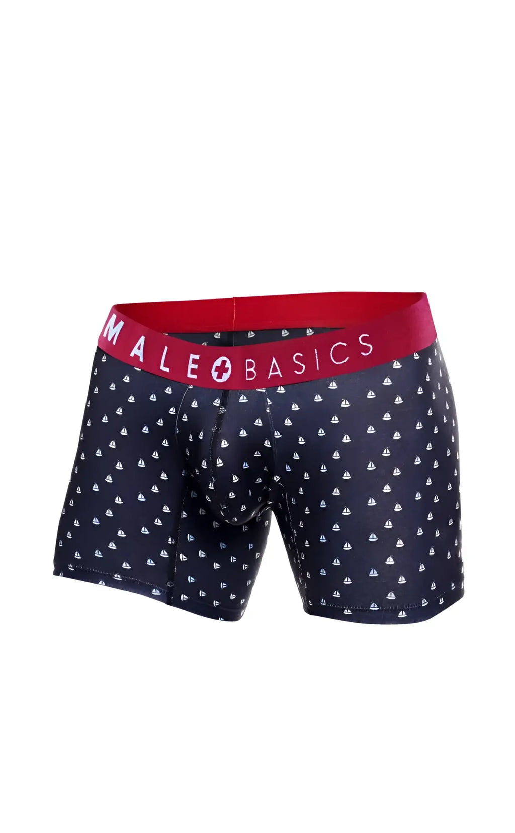 Dark navy male basics boxer briefs with white sailboat pattern and red waistband featuring the brand logo