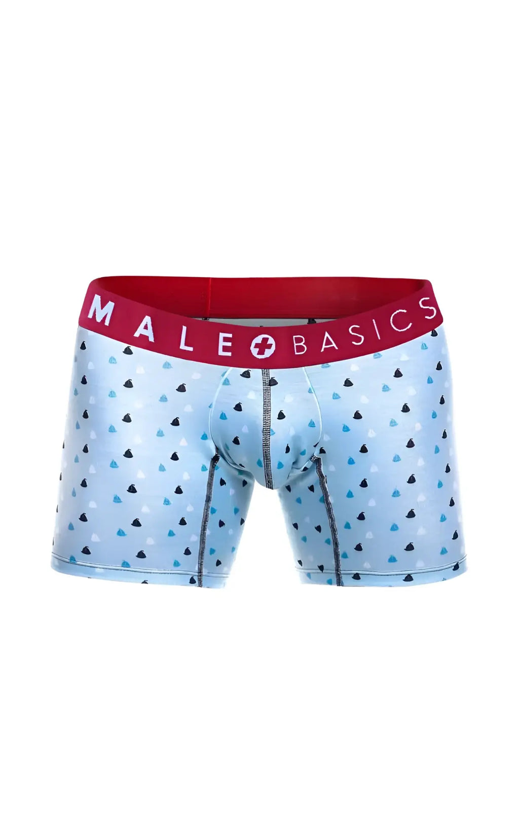 Light blue men’s boxer briefs with black and teal triangles and a red male basics waistband from the 3-pack boats set