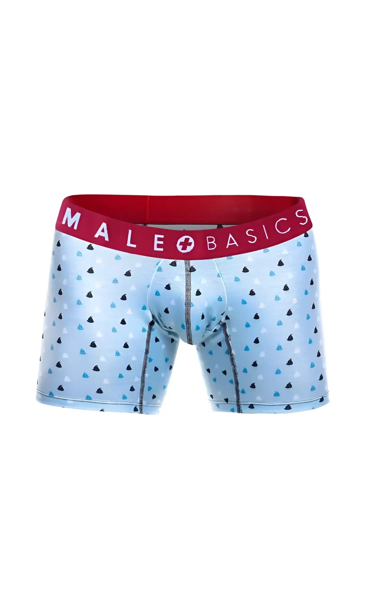 Light blue men’s boxer briefs with black and teal triangles and a red male basics waistband from the 3-pack boats set