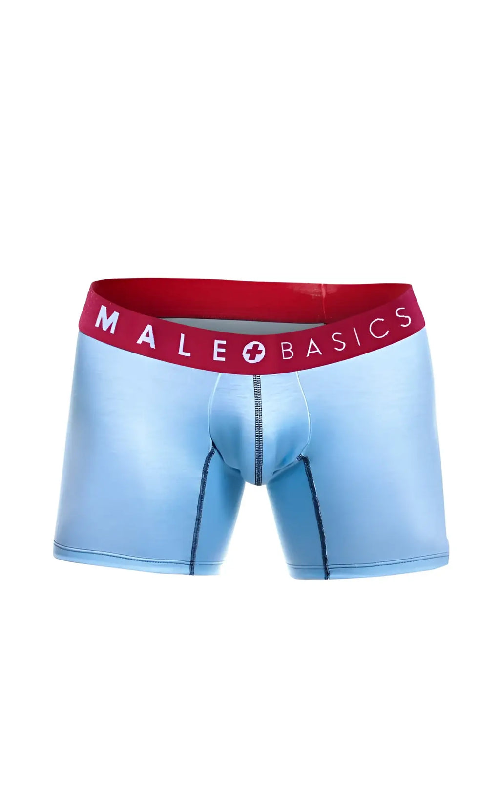 Light blue men’s boxer briefs with red waistband featuring male basics logo from malebasics 3 pack boxer brief boats