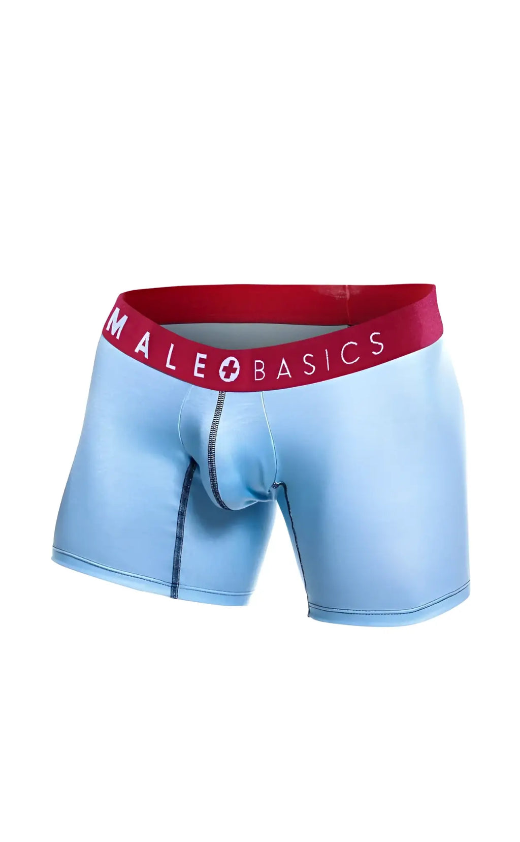 Light blue men’s boxer briefs with red waistband featuring male basics logo in white from MaleBasics 3-Pack Boxer Brief Boats