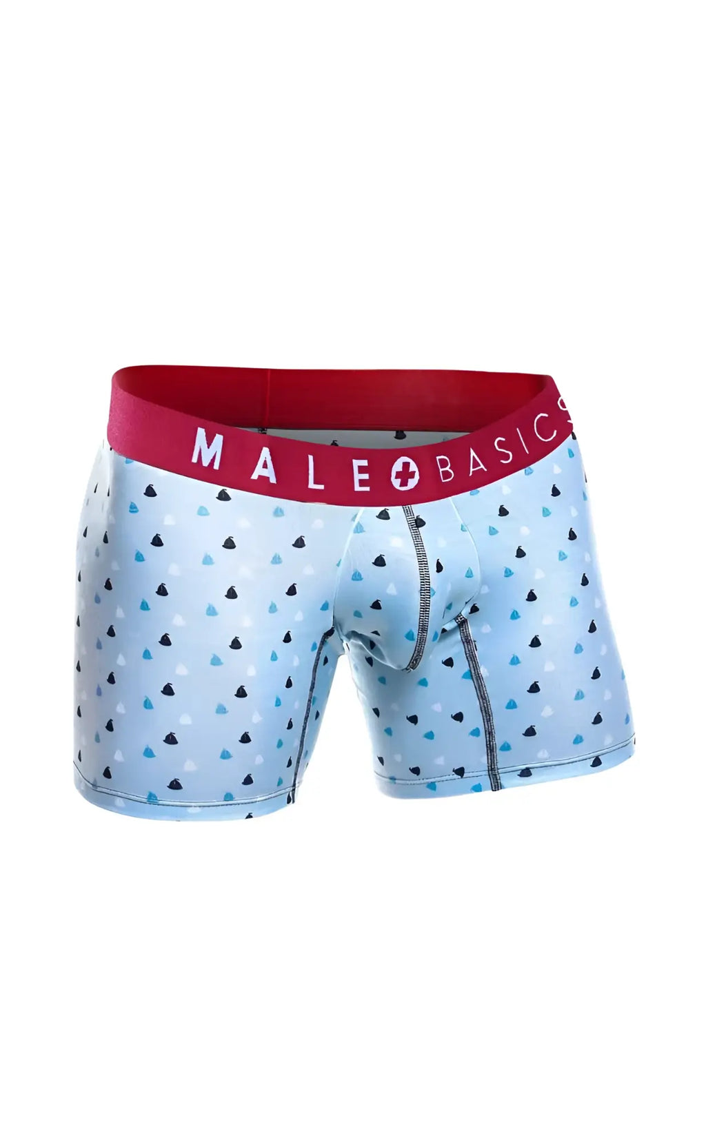 Light blue male basics boxer briefs with red waistband logo and black teal triangle pattern from 3-pack boats set