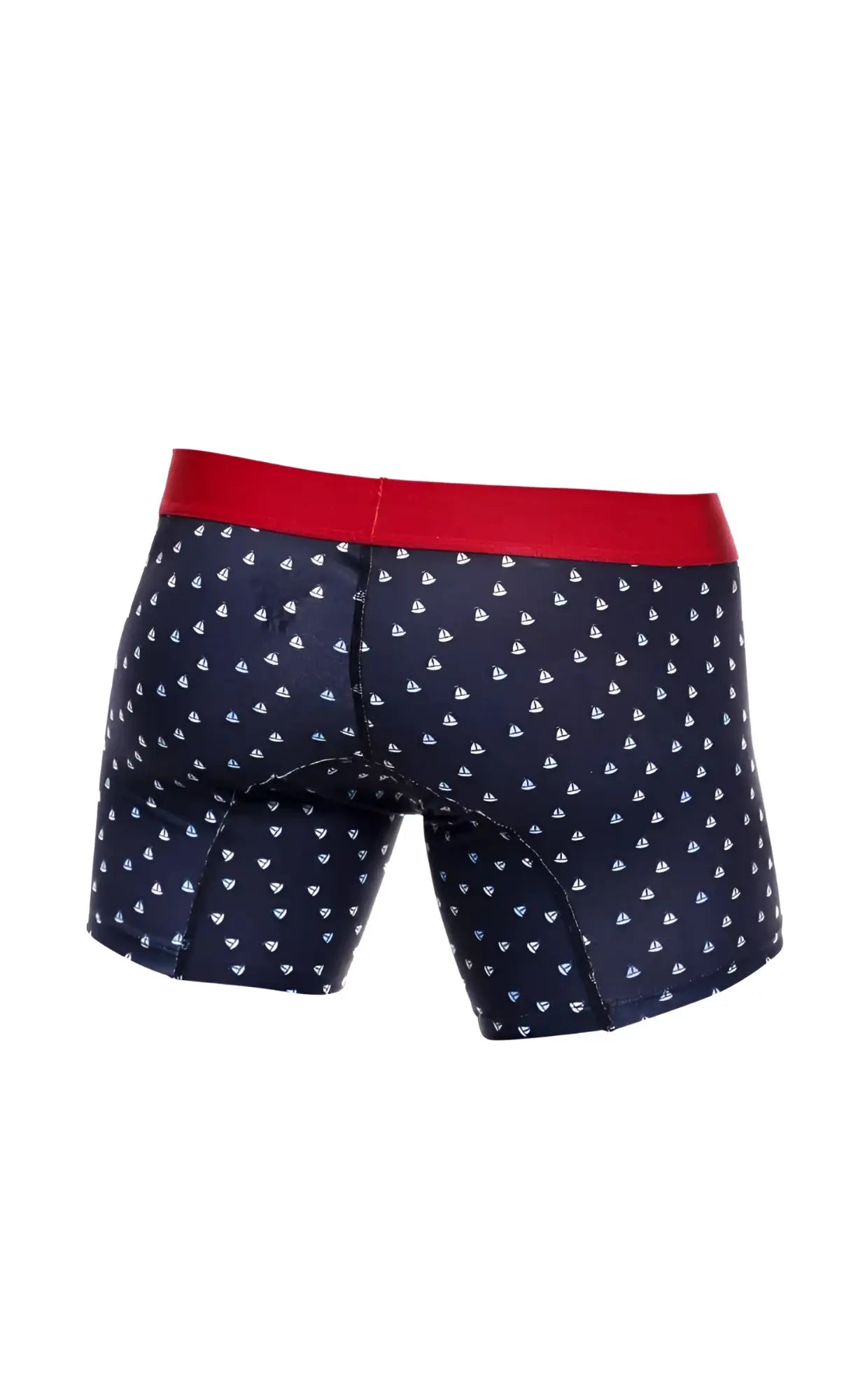 Navy blue malebasics boxer briefs with red waistband and white sailboat patterns in a 3-pack set