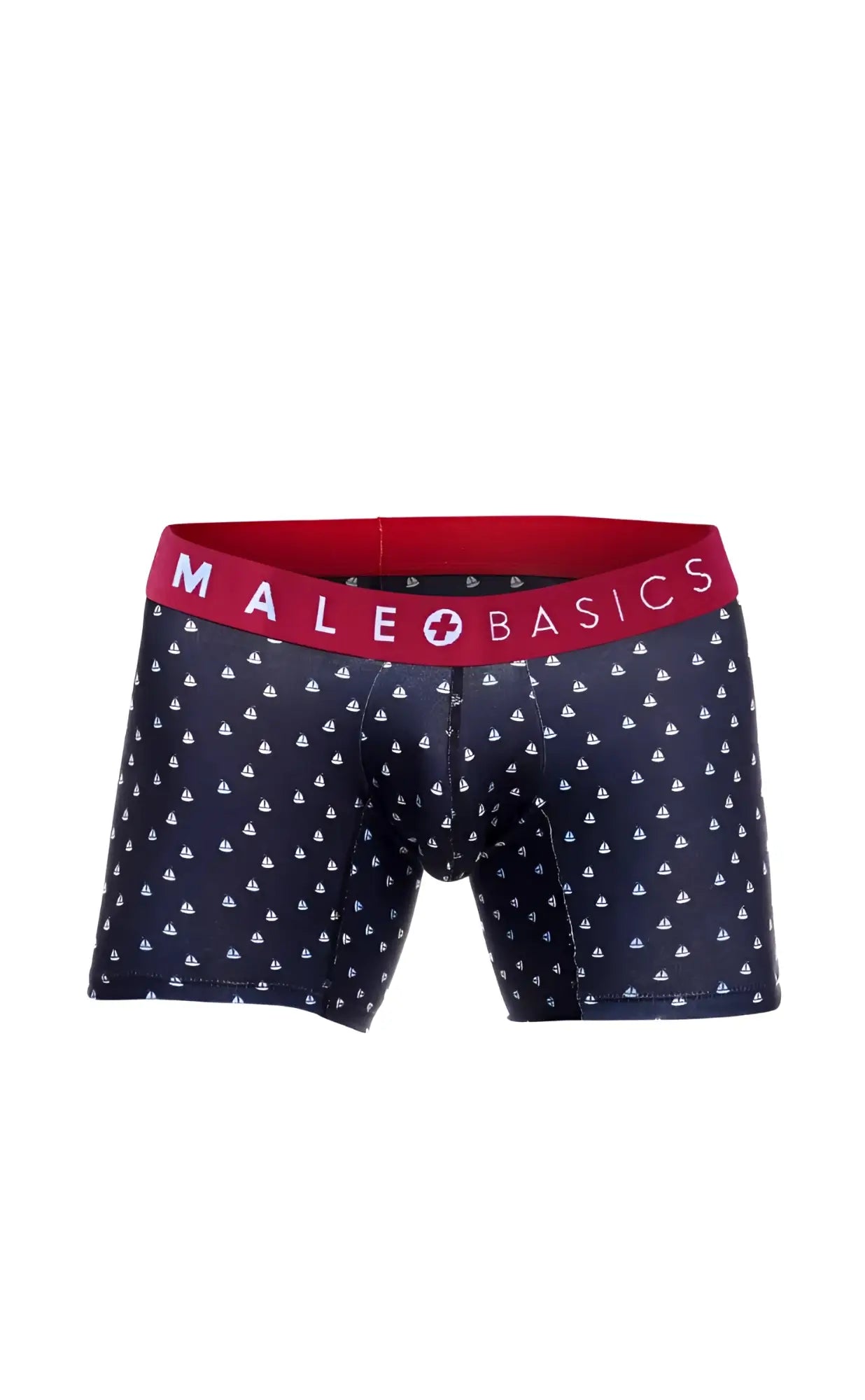 Navy blue male basics boxer briefs with white sailboat pattern and red waistband in 3-pack boats set
