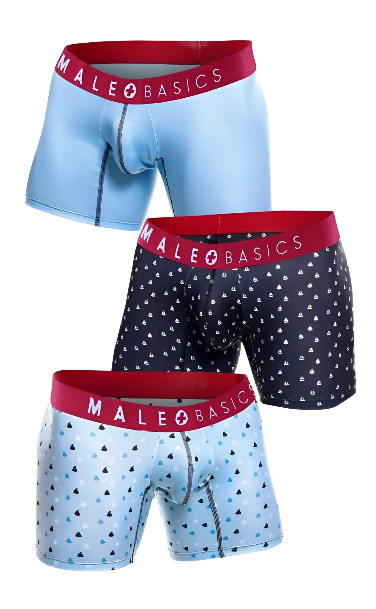 Set of three MaleBasics boxer briefs in light blue solid and patterned with sailboats and black triangles designs