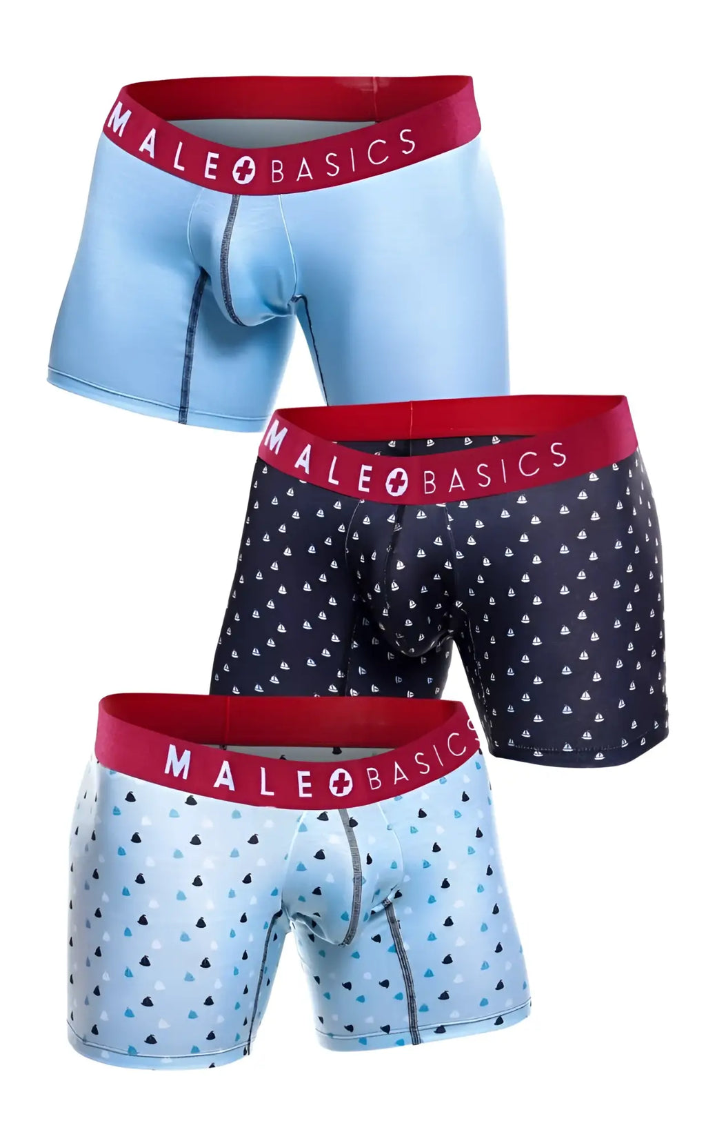 Set of three male basics boxer briefs featuring solid light blue navy sailboat and blue teal triangle patterns with red waistbands