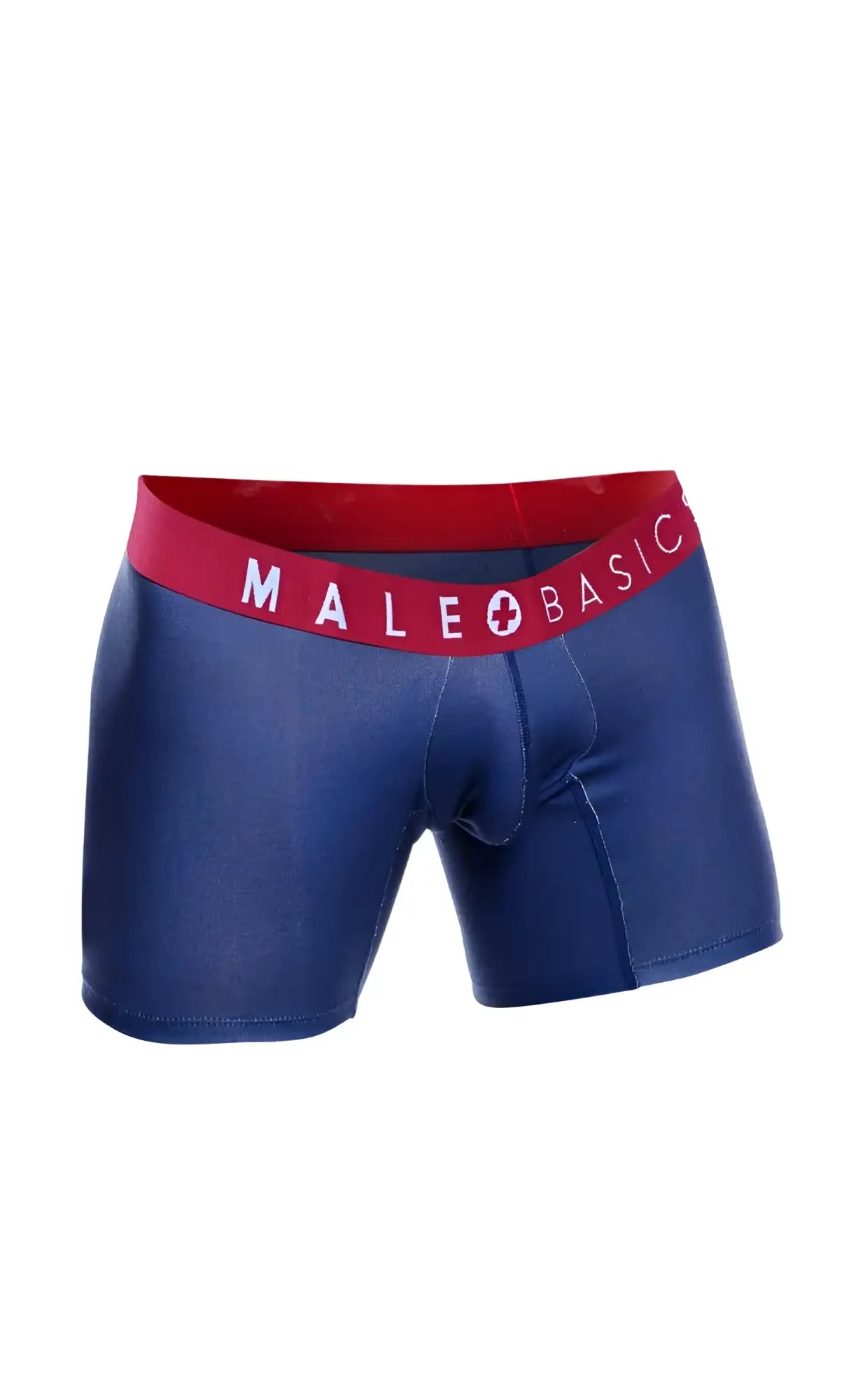 Blue men’s boxer briefs with red waistband and male basic logo in white from malebasics 3-pack boxer brief marine
