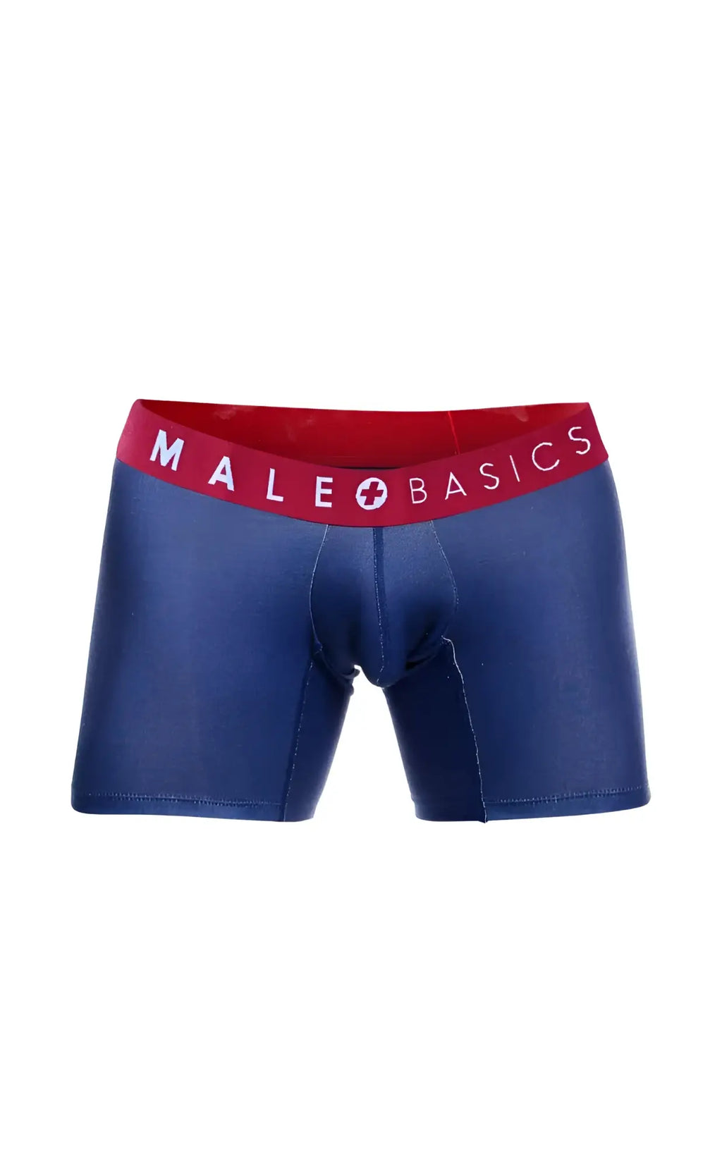 Blue men’s boxer briefs with red waistband and white male basics logo from the malebasics 3-pack marine set