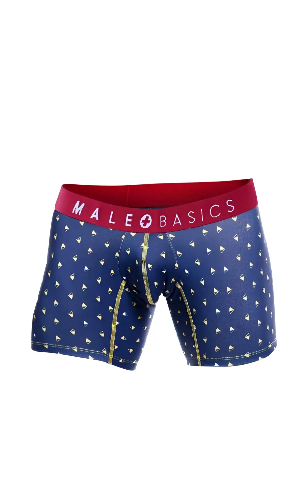 Blue men’s boxer briefs with red waistband featuring male basics logo white sailboat patterns and gold stitching
