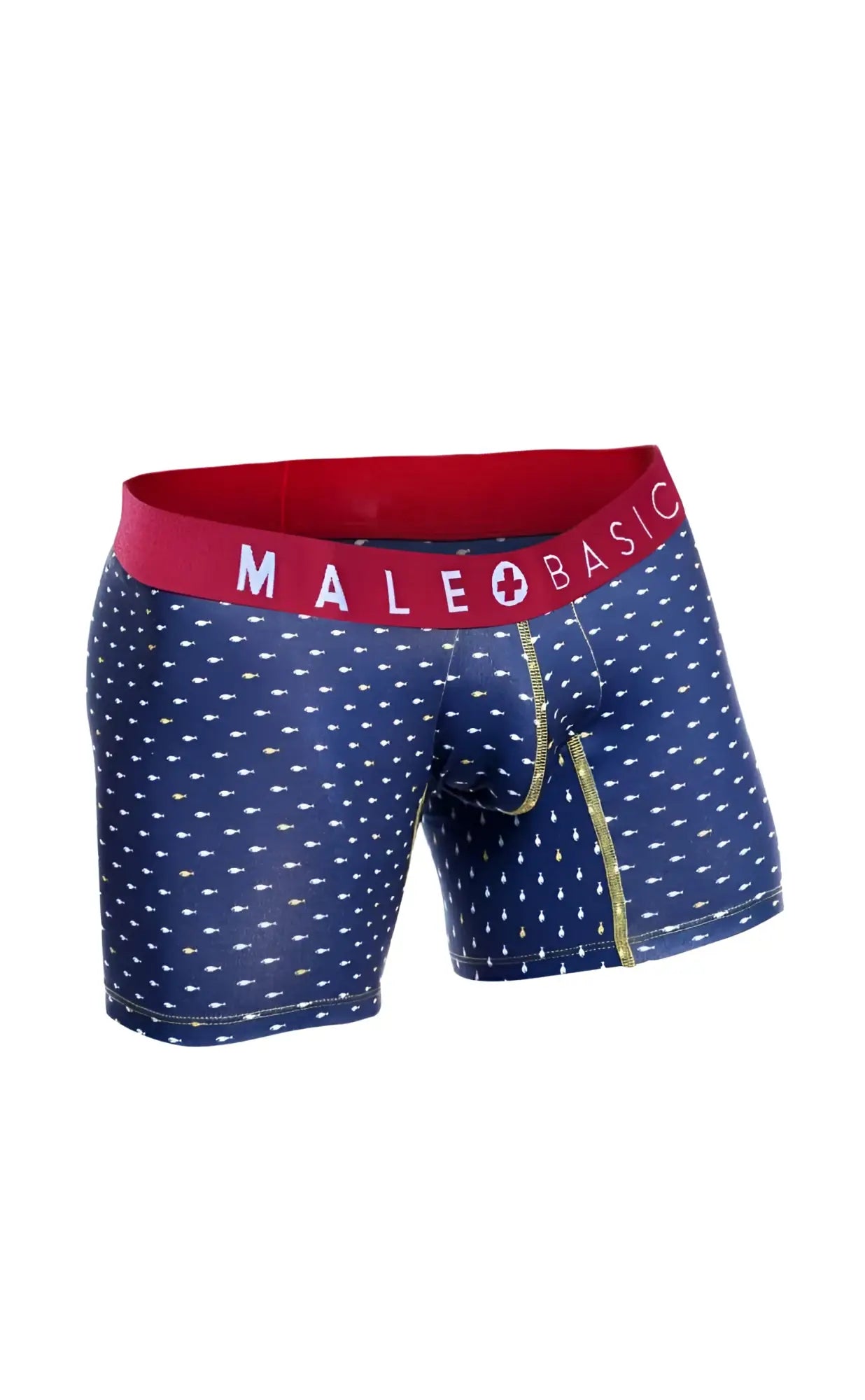 Malebasics 3-pack boxer brief marine in blue patterned fabric with red waistband and gold trim along the fly