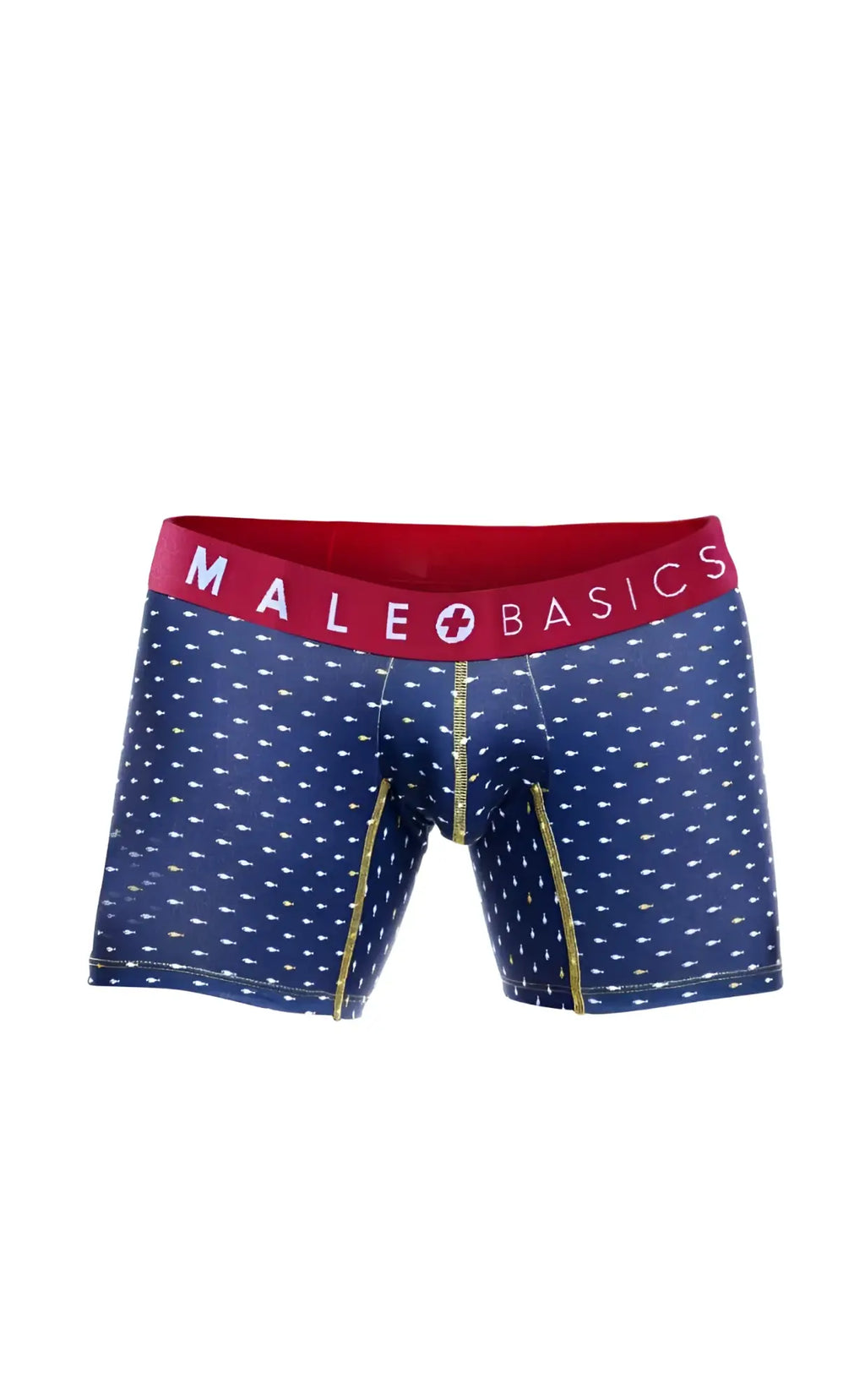 Blue patterned men’s boxer briefs with red waistband and male basics logo featuring gold stitching marine pack