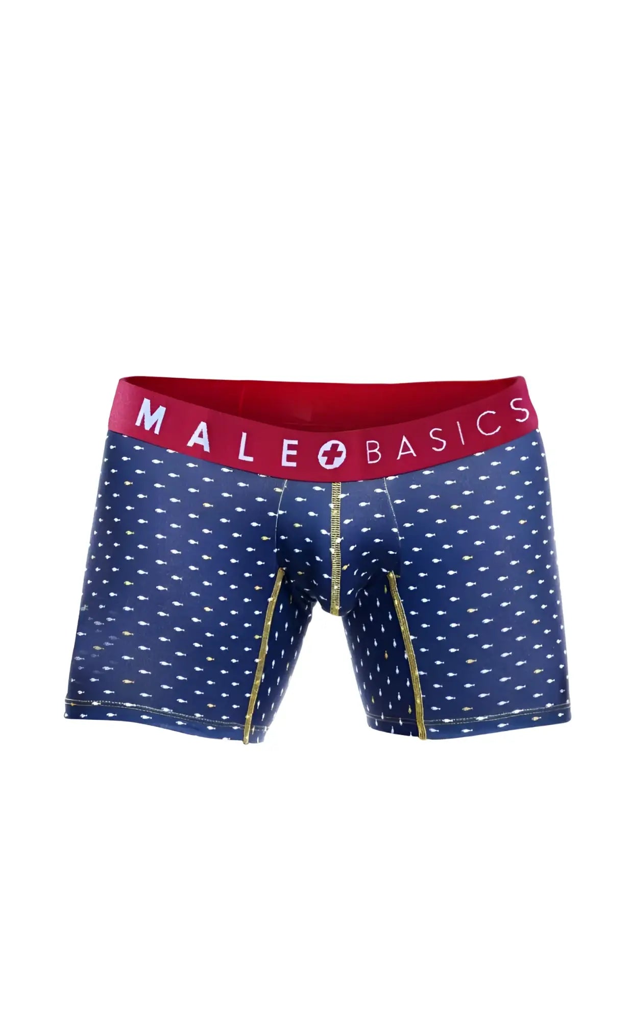 Blue patterned men’s boxer briefs with red waistband and male basics logo featuring gold stitching marine pack
