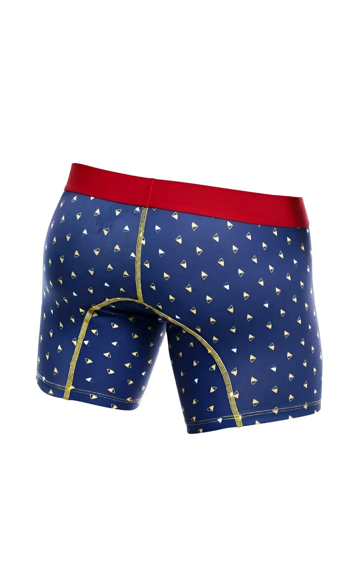 Malebasics 3-pack boxer brief marine featuring blue fabric, red waistband, gold seams, and white sailboat pattern