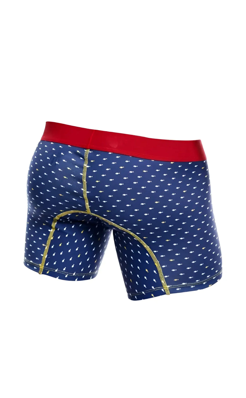 Malebasics 3-pack boxer brief marine blue briefs with red waistband white polka dots and gold seam stitching