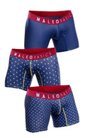 Set of three male basics marine blue men’s boxer briefs with red waistbands and white triangular patterns