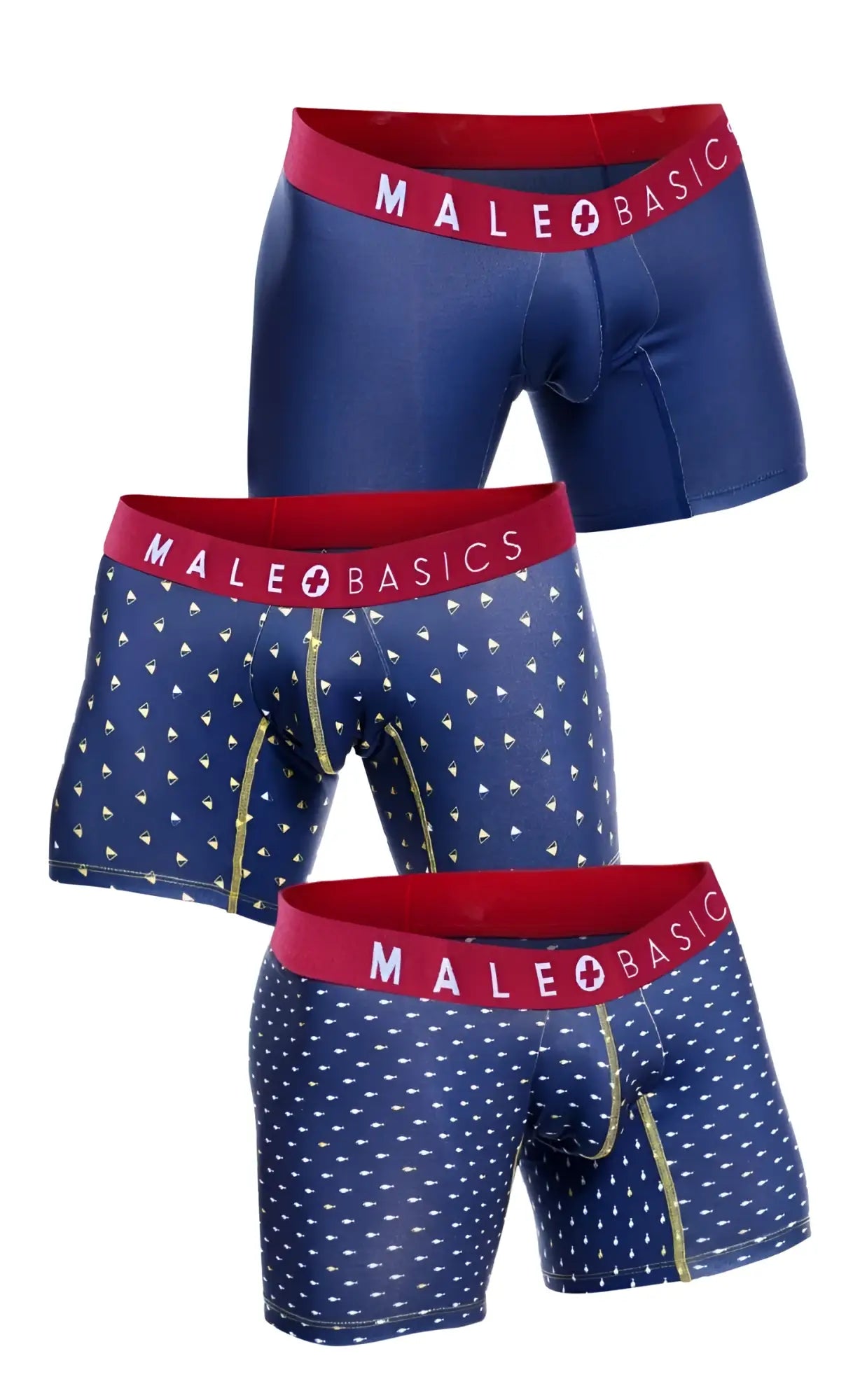 Set of three male basics marine blue men’s boxer briefs with red waistbands and white triangular patterns