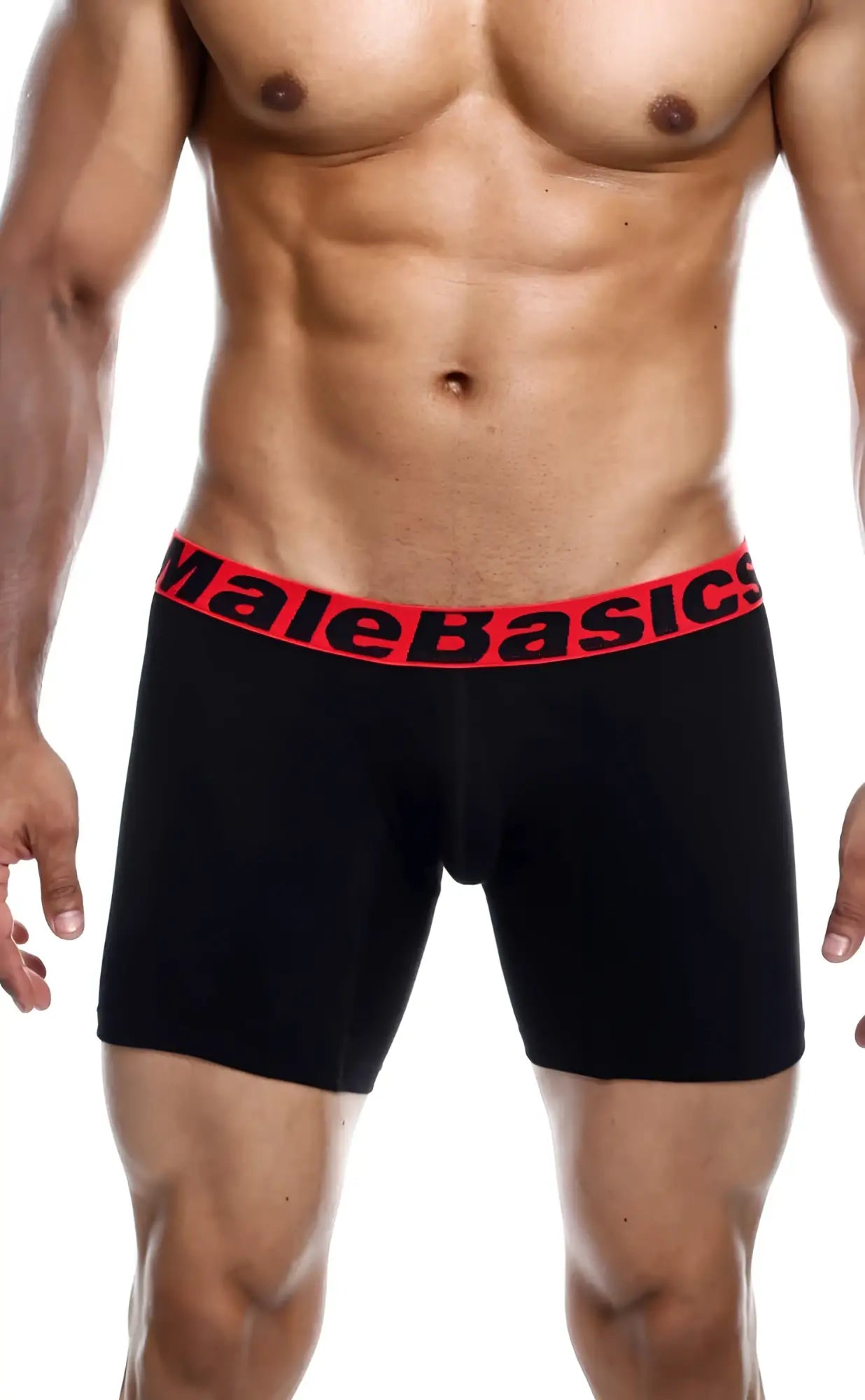 MaleBasics black boxer briefs with red elastic waistband and bold black brand name in 3-pack multi set