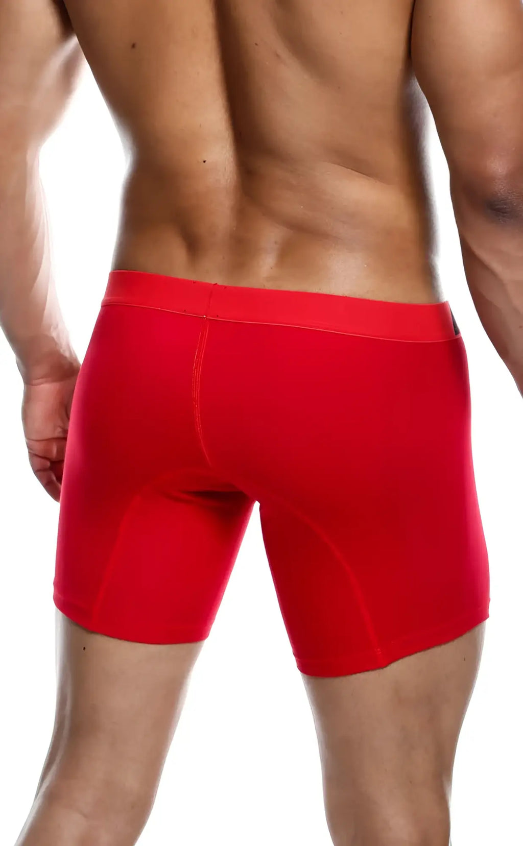 Red malebasics boxer brief with smooth form fitting fabric in solid color for athletic use
