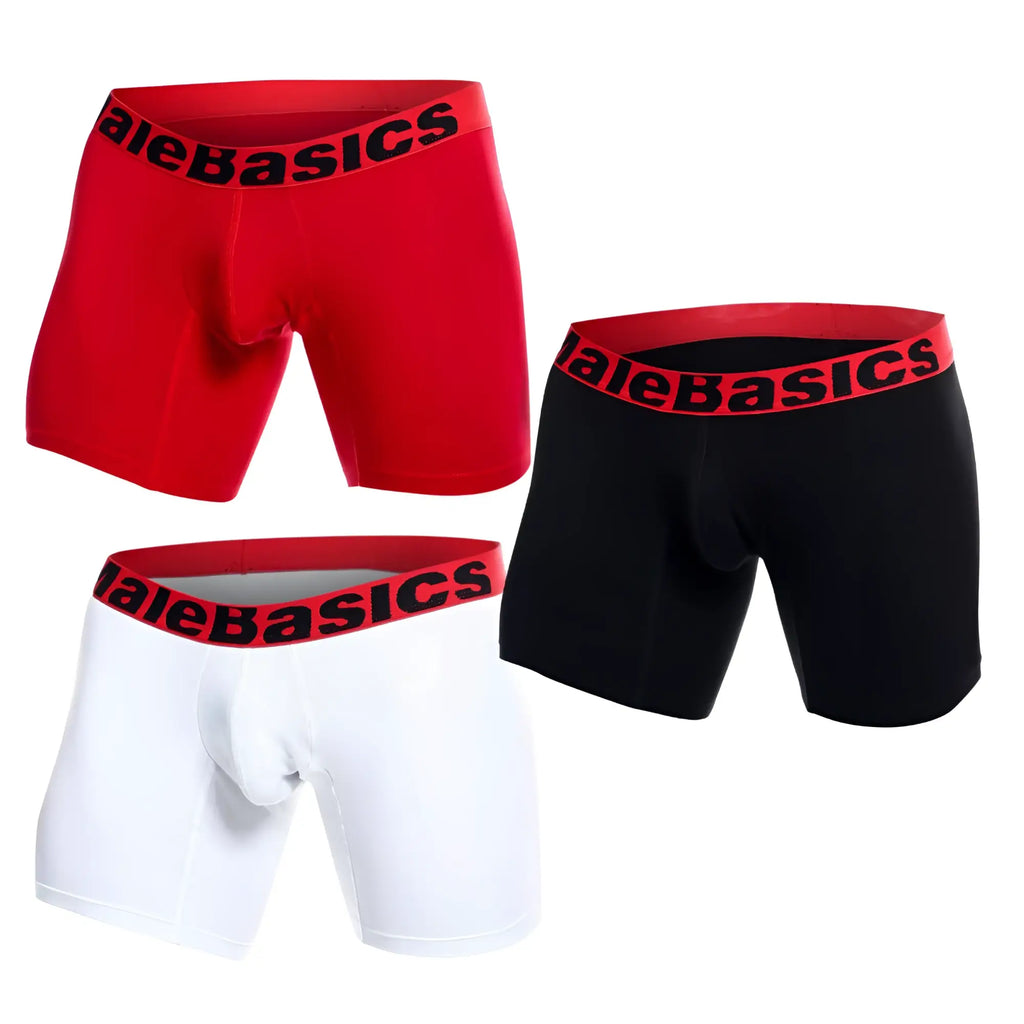 Malebasics 3-pack boxer briefs in red black and white with elastic waistbands and contrasting logo for everyday wear