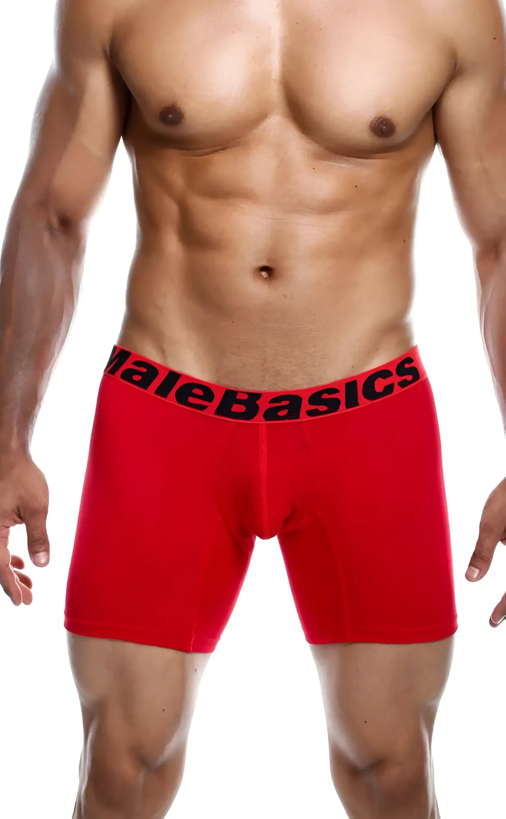 Red men’s boxer briefs with a black malebasics waistband from the malebasics 3-pack boxer brief multi set