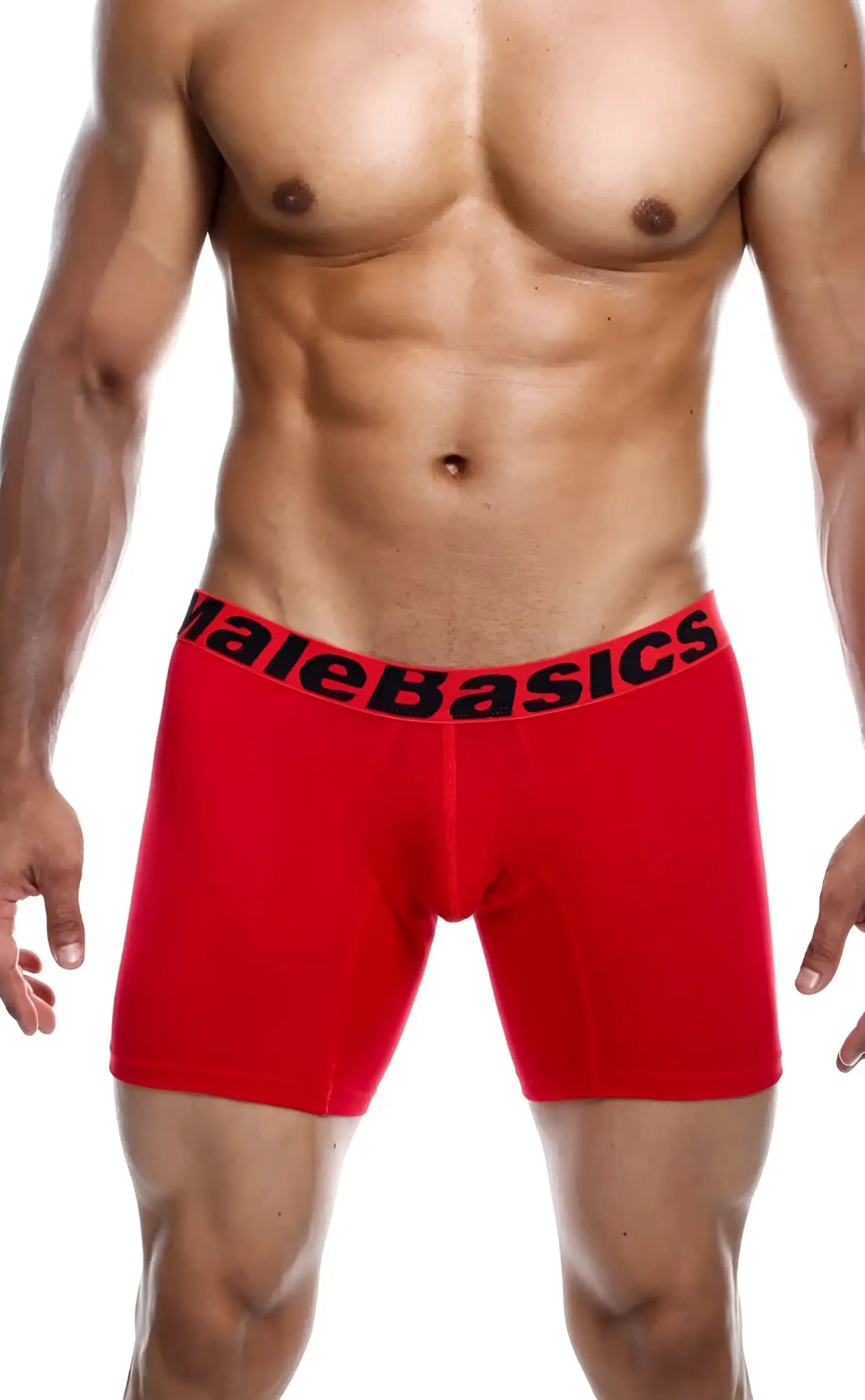 Red men’s boxer briefs with a black malebasics waistband from the malebasics 3-pack boxer brief multi set