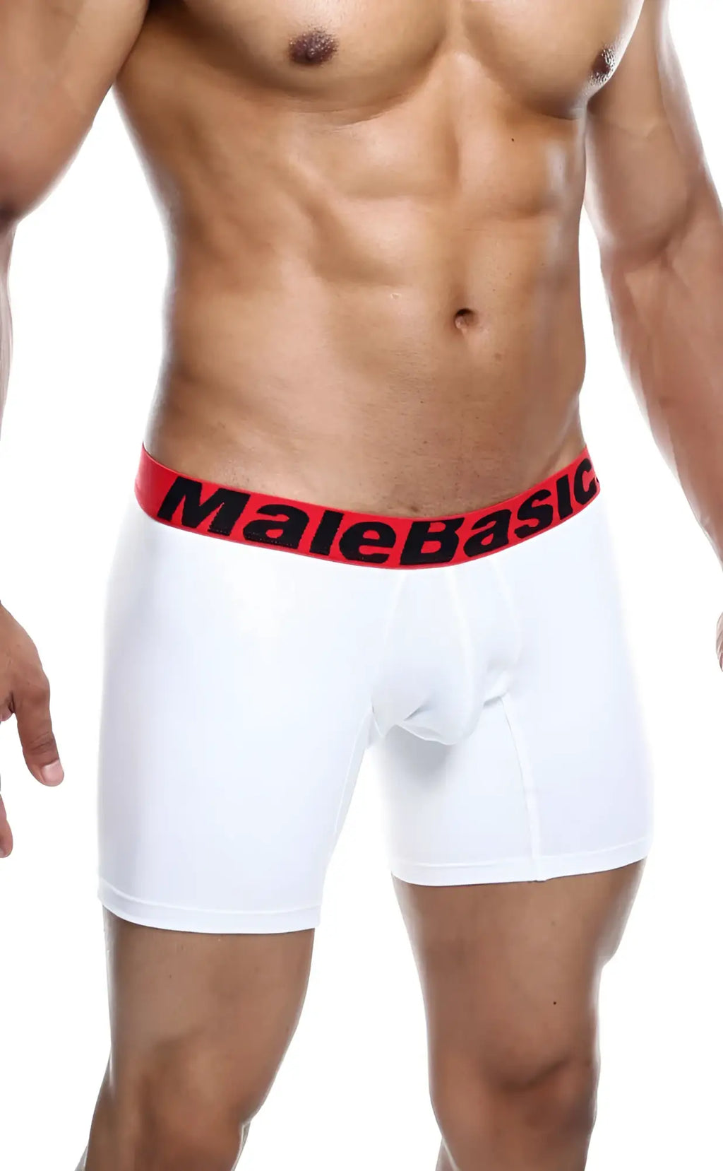Malebasics 3-pack white male boxer briefs with bold red waistband and black lettering for comfortable everyday wear