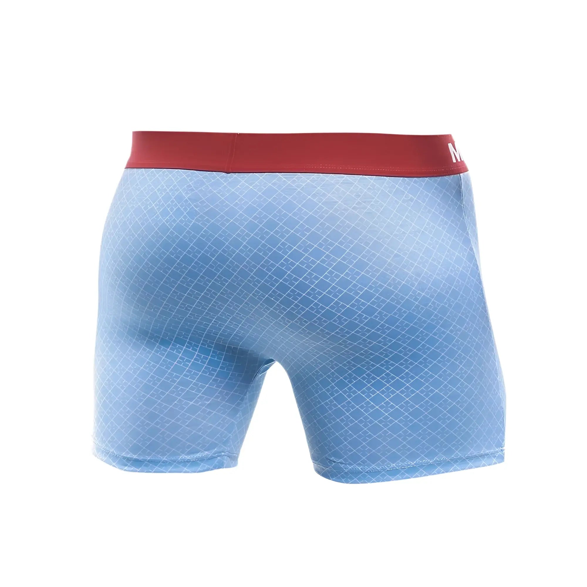 Malebasics light blue boxer briefs with subtle diamond pattern and contrasting red waistband in 3-pack print set