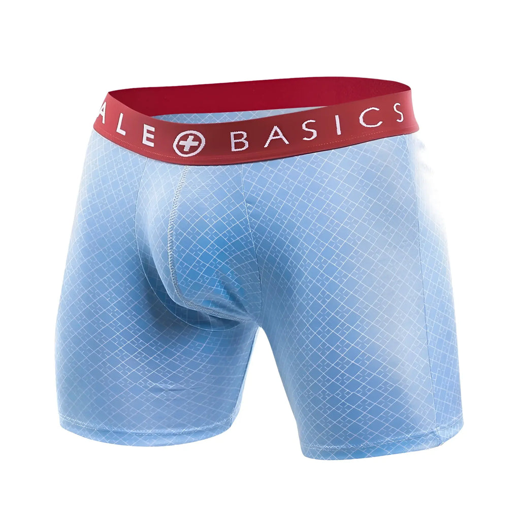 Malebasics 3-pack light blue boxer briefs with subtle geometric pattern and red waistband featuring malebasics logo