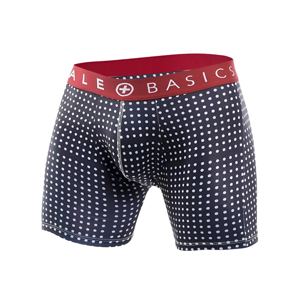 Navy blue male basics boxer briefs with white polka dots and red waistband featuring male basics logo