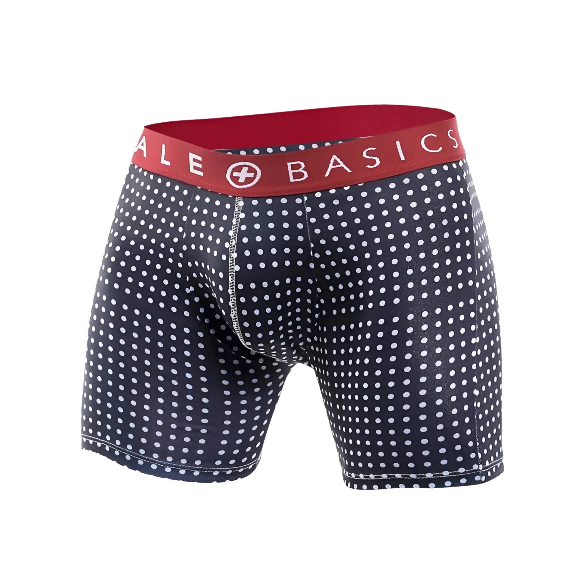 Navy blue male basics boxer briefs with white polka dots and red waistband featuring male basics logo
