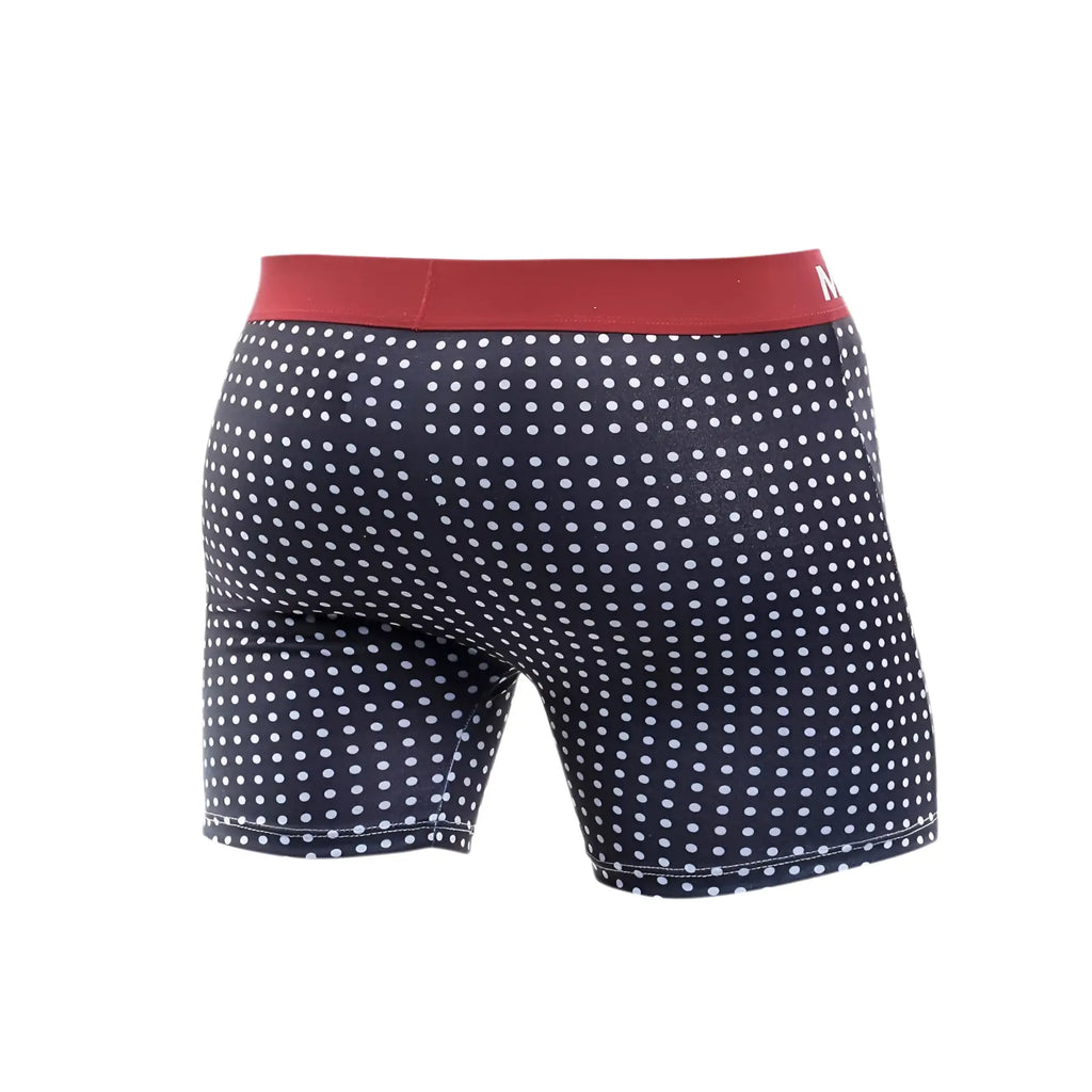 MaleBasics 3-Pack boxer brief prints navy blue cotton boxer briefs with white polka dots and red waistband front view