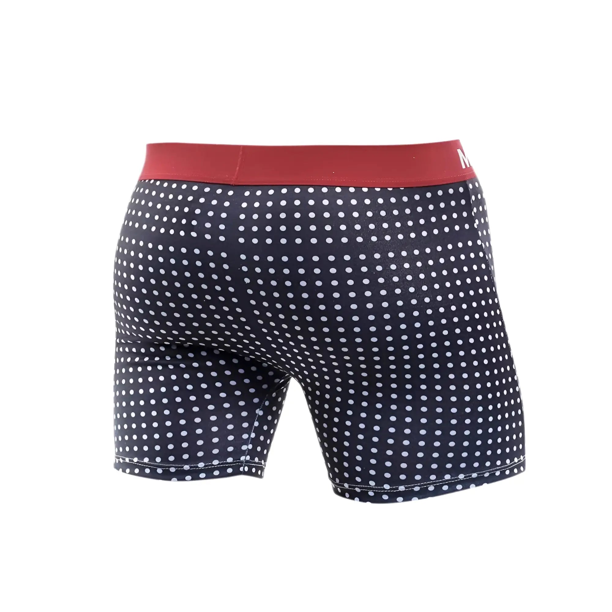 MaleBasics 3-Pack boxer brief prints navy blue cotton boxer briefs with white polka dots and red waistband front view