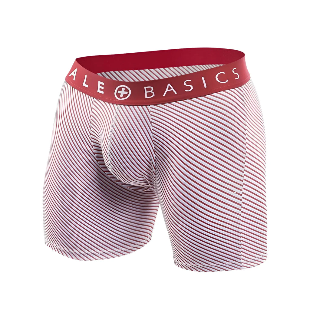 Malebasics 3-pack boxer brief prints with red and white stripes and red waistband featuring malebasics logo
