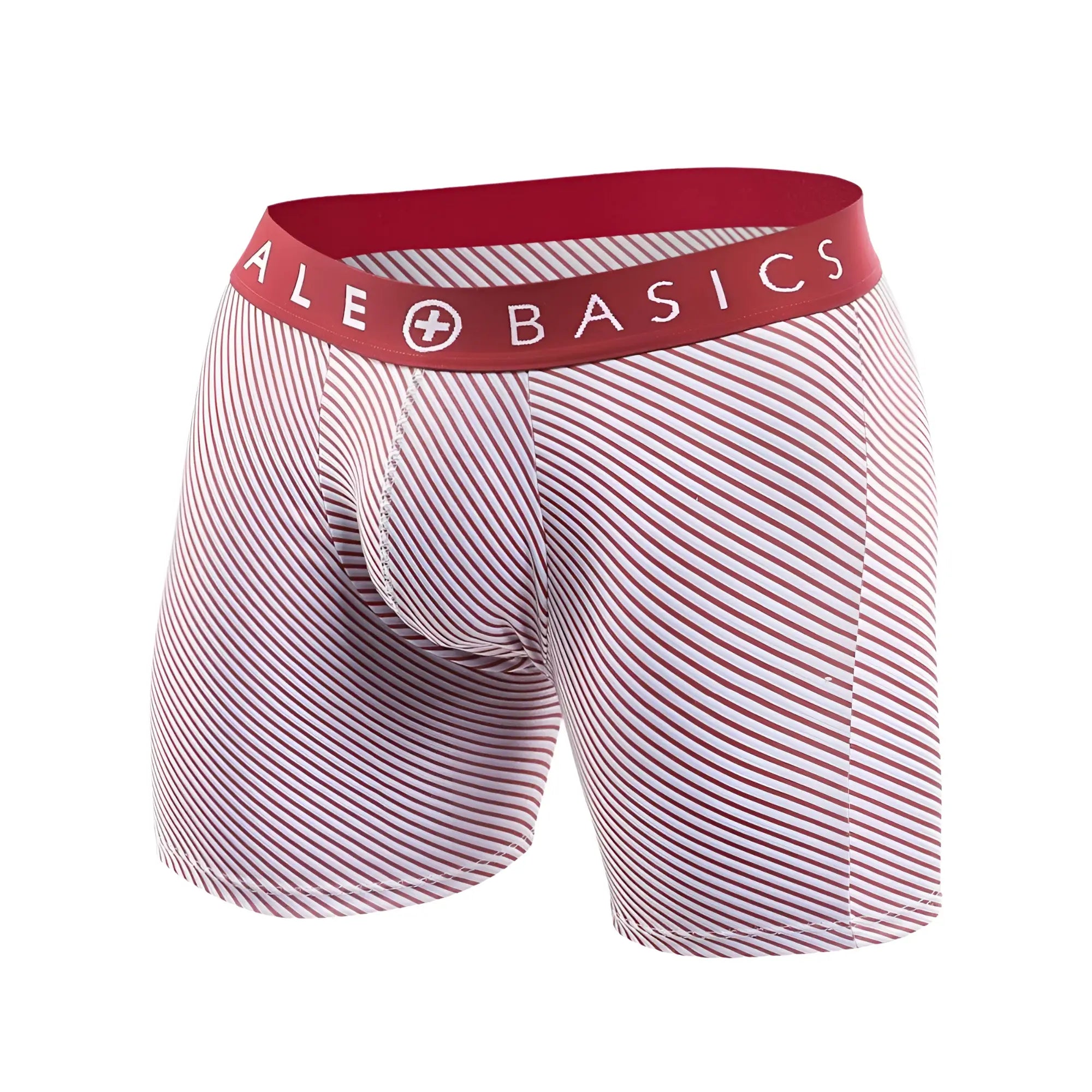 Malebasics 3-pack boxer brief prints with red and white stripes and red waistband featuring malebasics logo