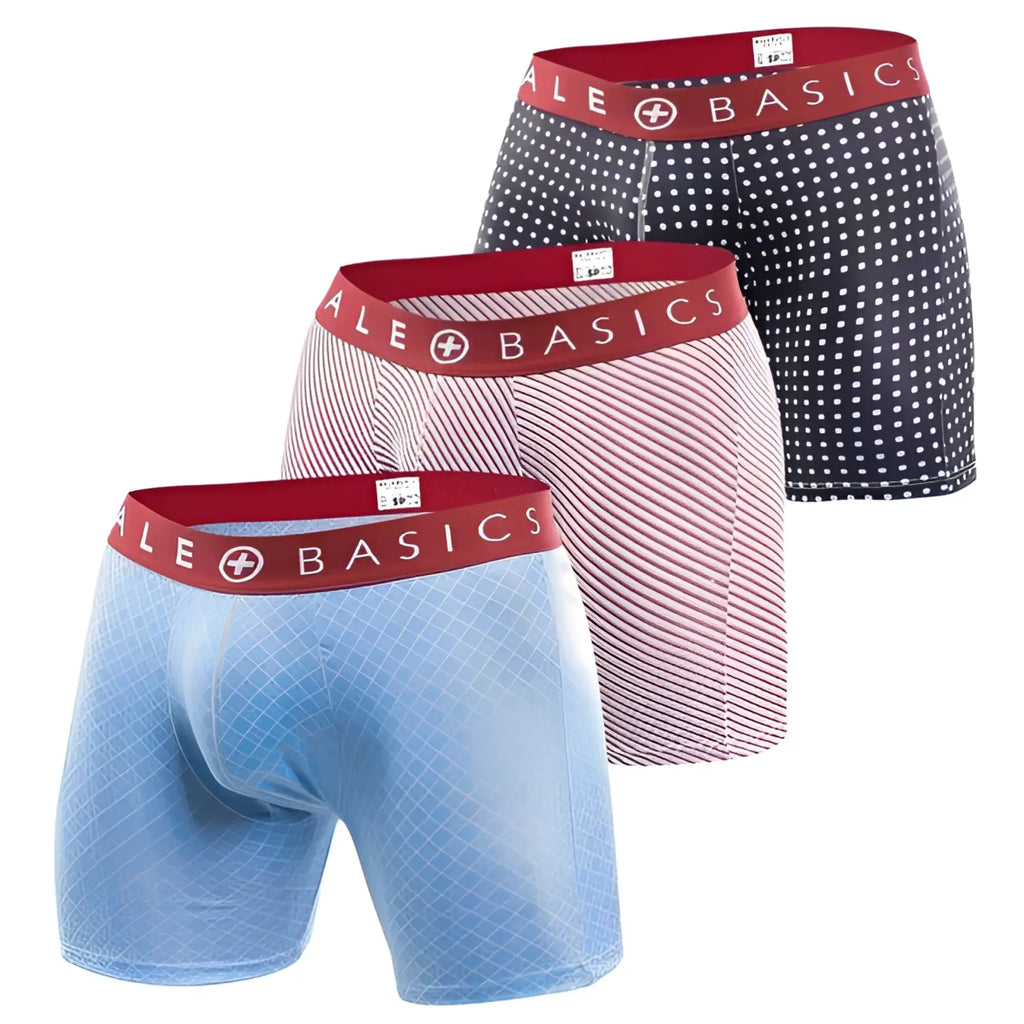 Set of three malebasics men’s boxer briefs in blue pink and navy with white polka dots and diagonal stripes