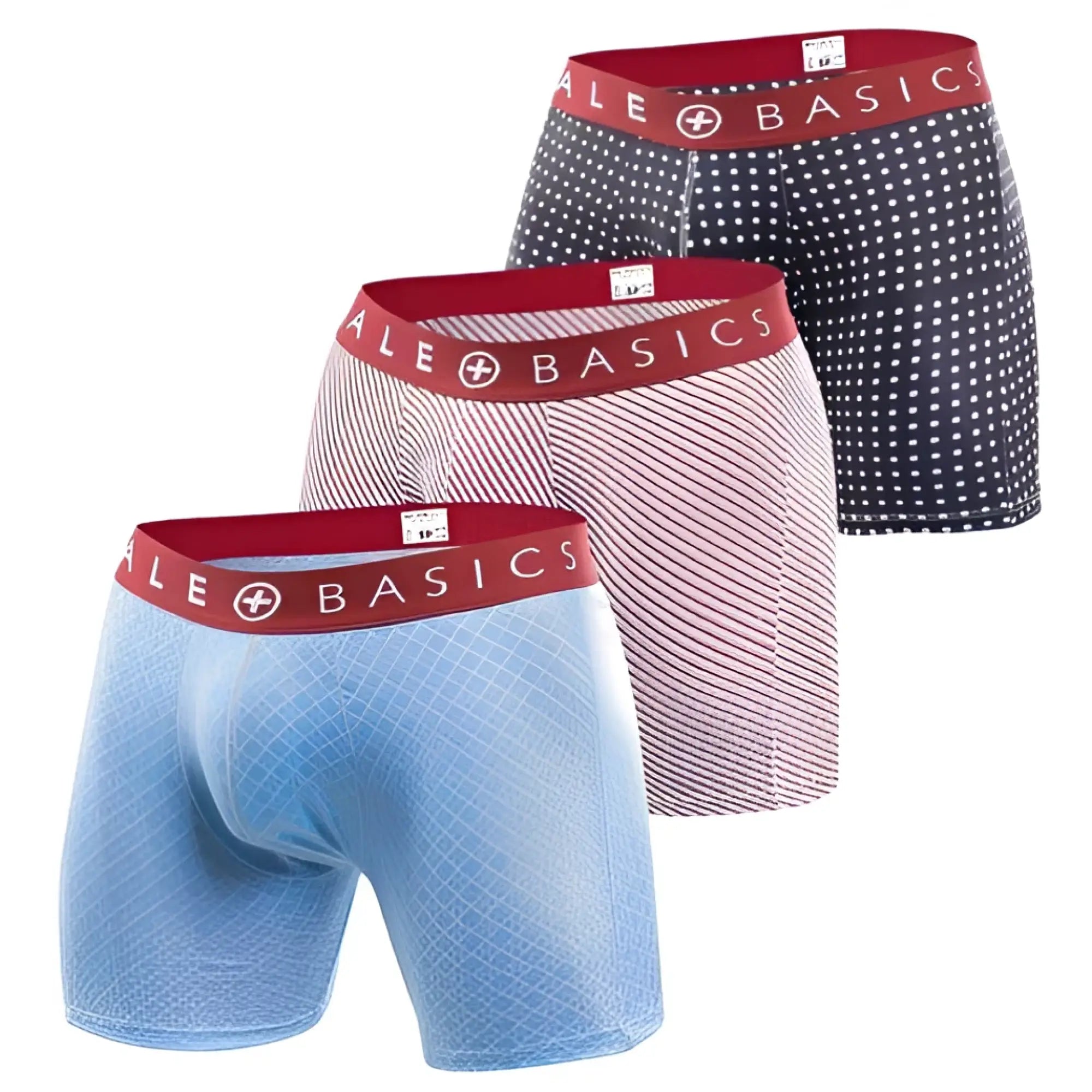 Set of MaleBasics 3-pack men’s boxer briefs in blue pink and navy with white polka dots or stripes and red waistbands