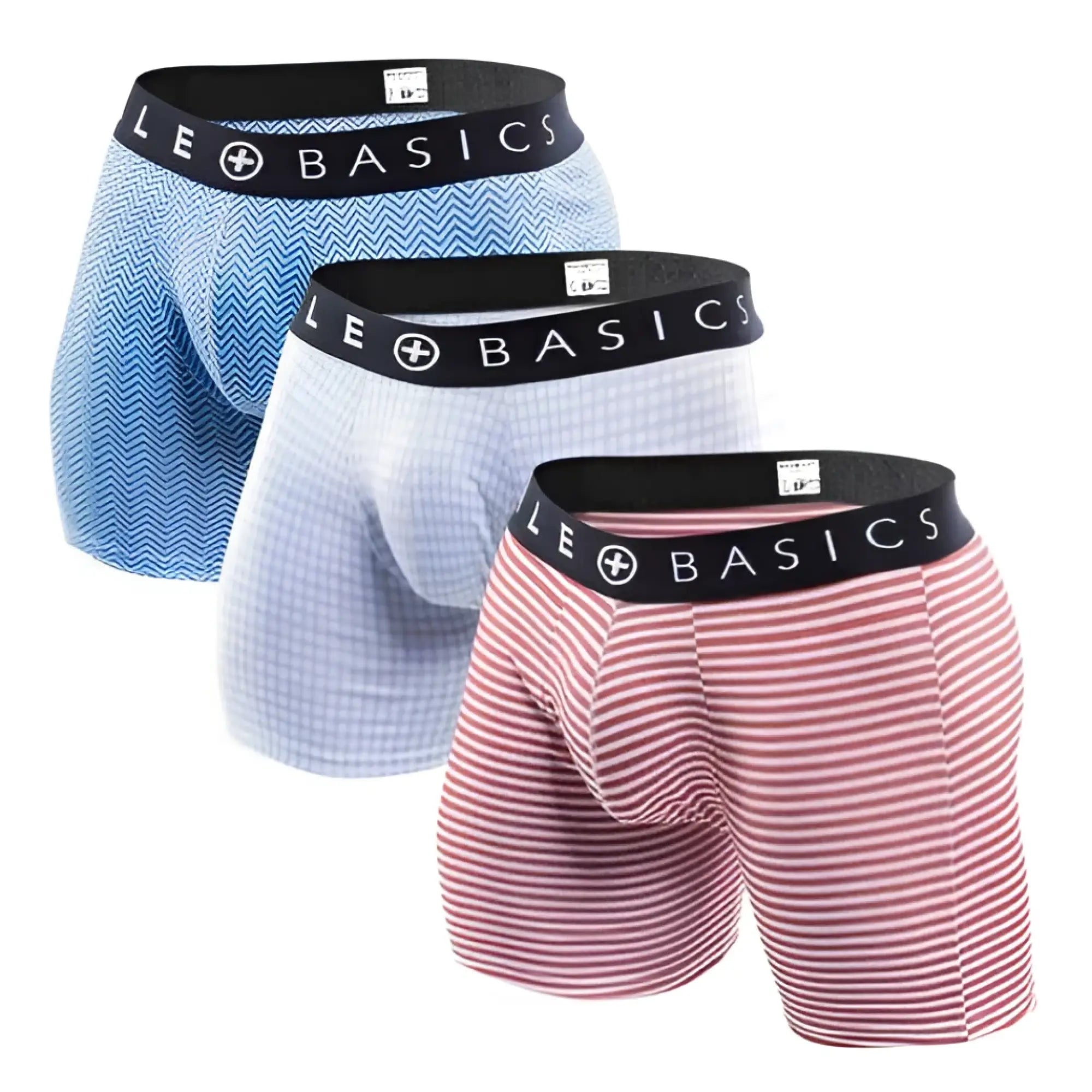 Three pairs of malebasics boxer briefs in blue light gray and pink stripes with black elastic waistbands and logo