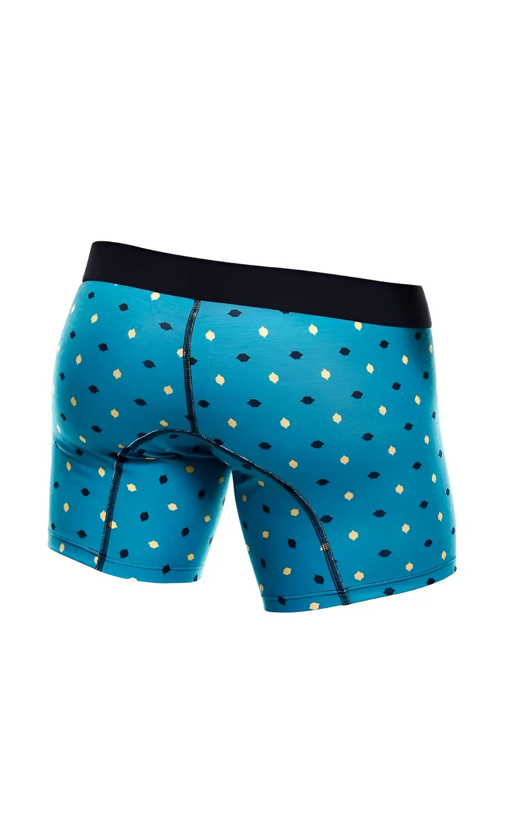 Malebasics 3-pack boxer brief stache blue patterned boxer briefs with black cream diamond dots and solid black waistband