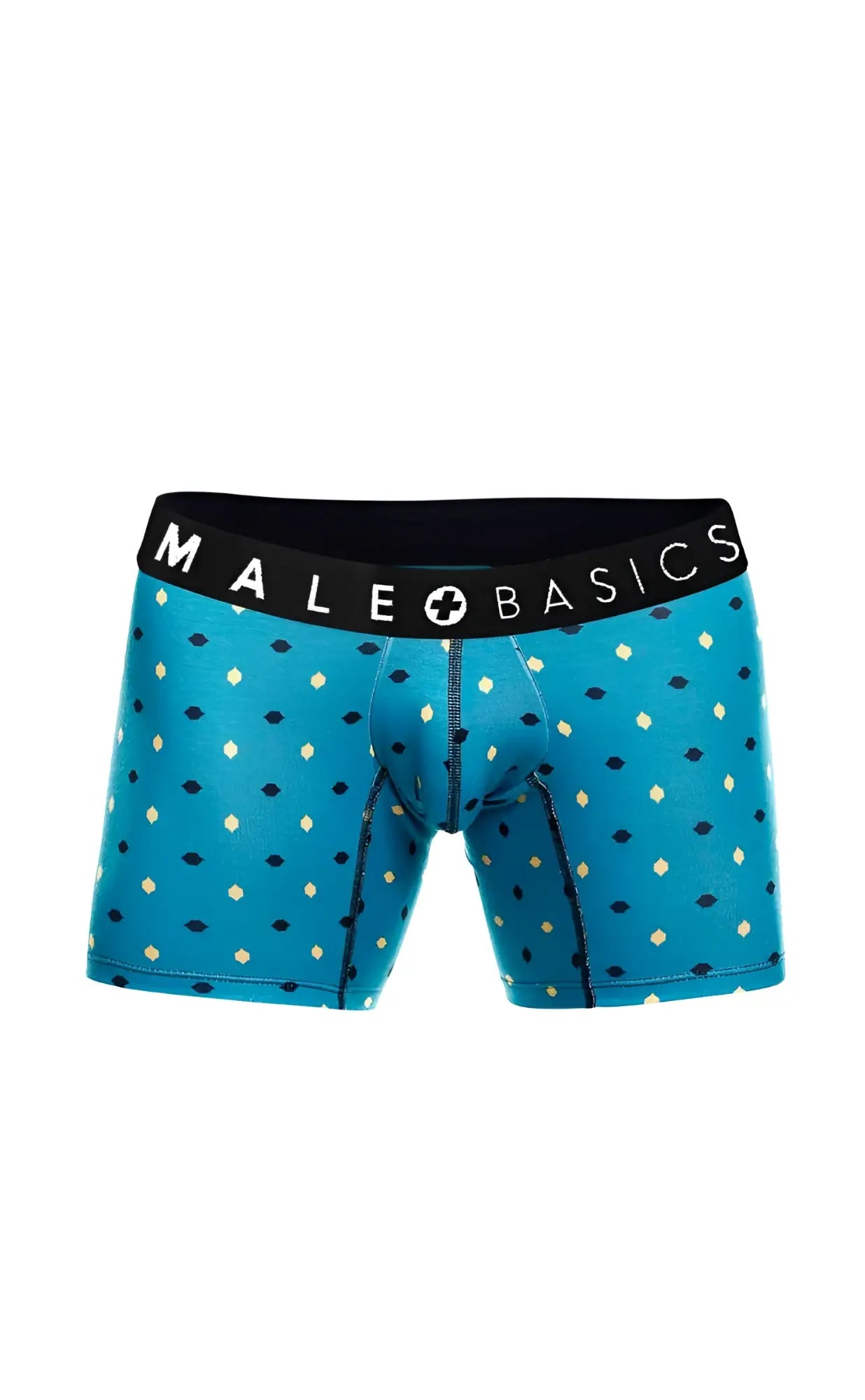 Blue patterned men’s boxer briefs with black waistband and male basics logo from malebasics 3-pack boxer brief stache