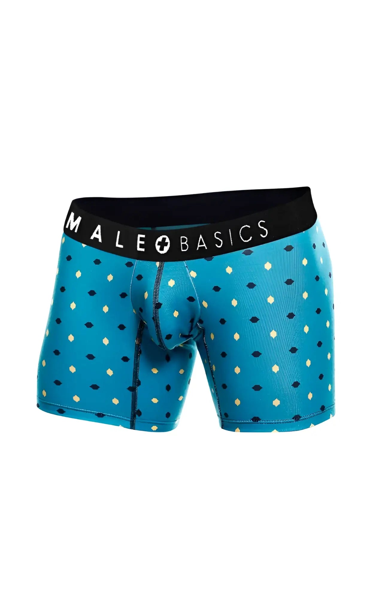 Blue patterned men’s boxer briefs with black male basics waistband featured in malebasics 3-pack boxer brief stache