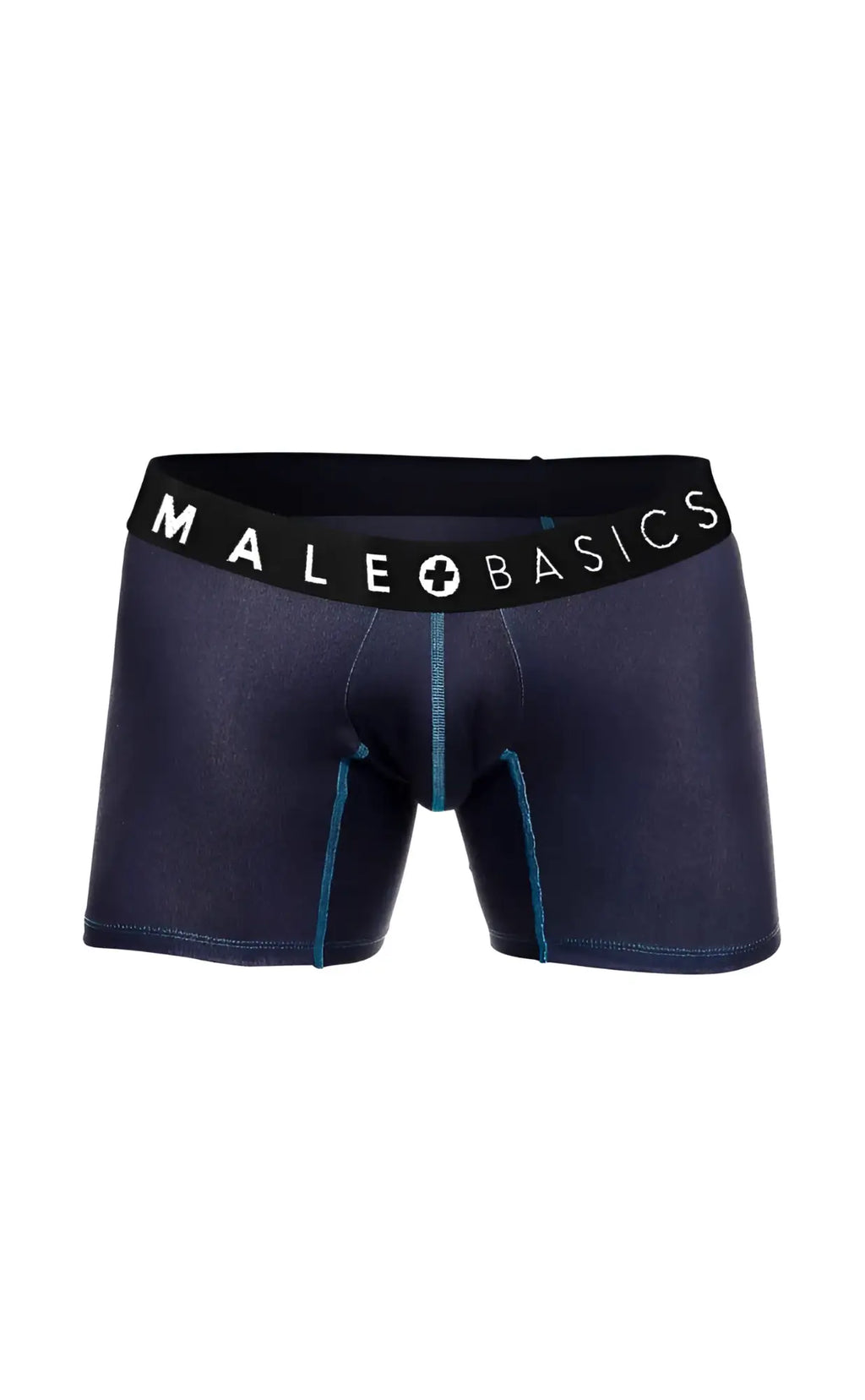 Dark blue denim style malebasics boxer briefs with black waistband and white logo in a 3 pack stache set
