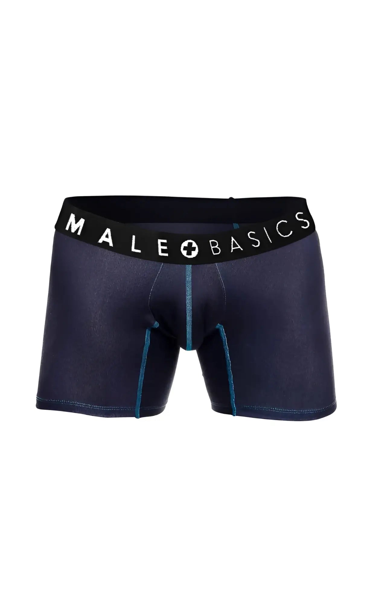 Dark blue denim style malebasics boxer briefs with black waistband and white logo in a 3 pack stache set