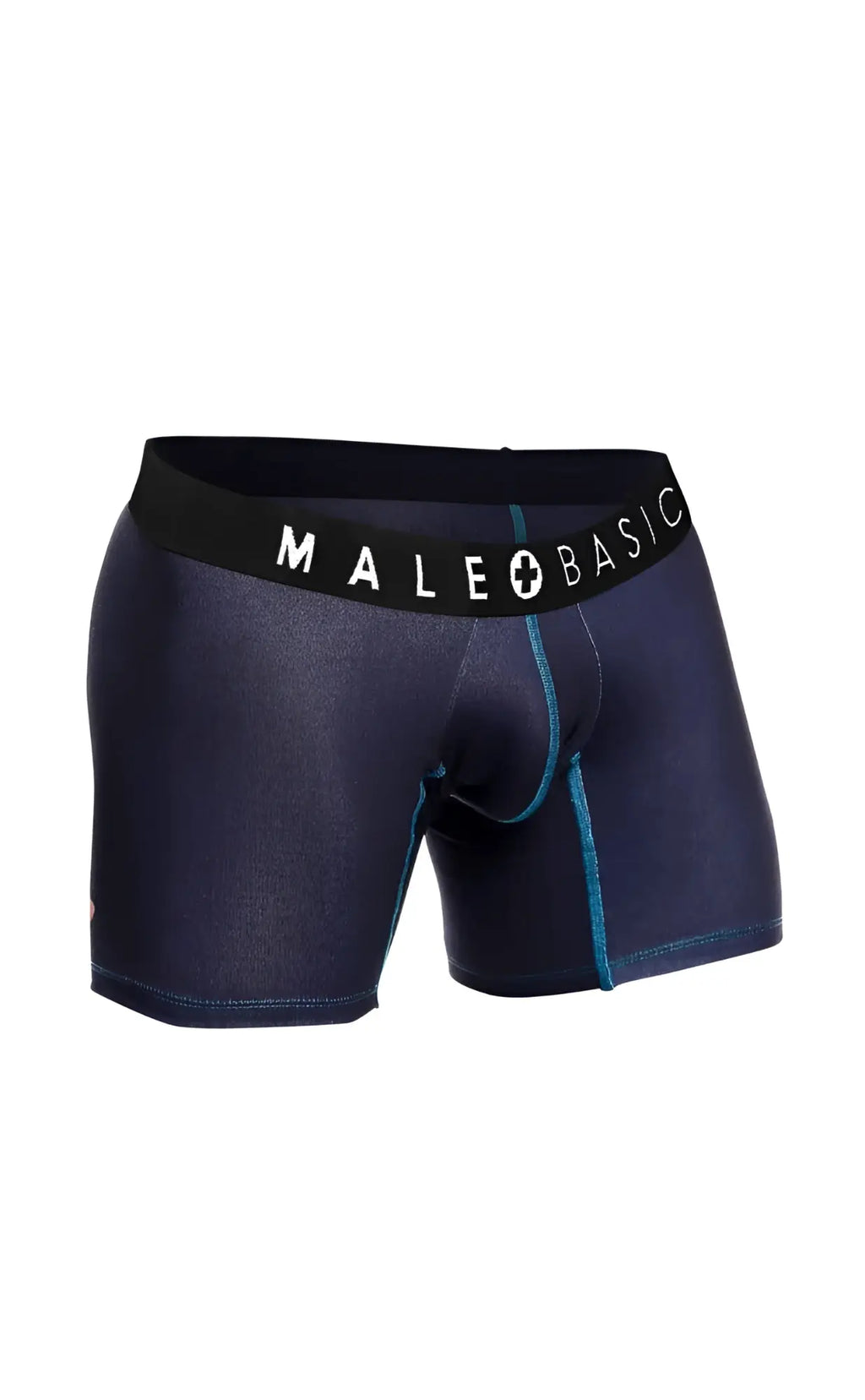 Dark blue malebasics boxer briefs with black waistband white logo and teal side seam stitching in 3 pack stache