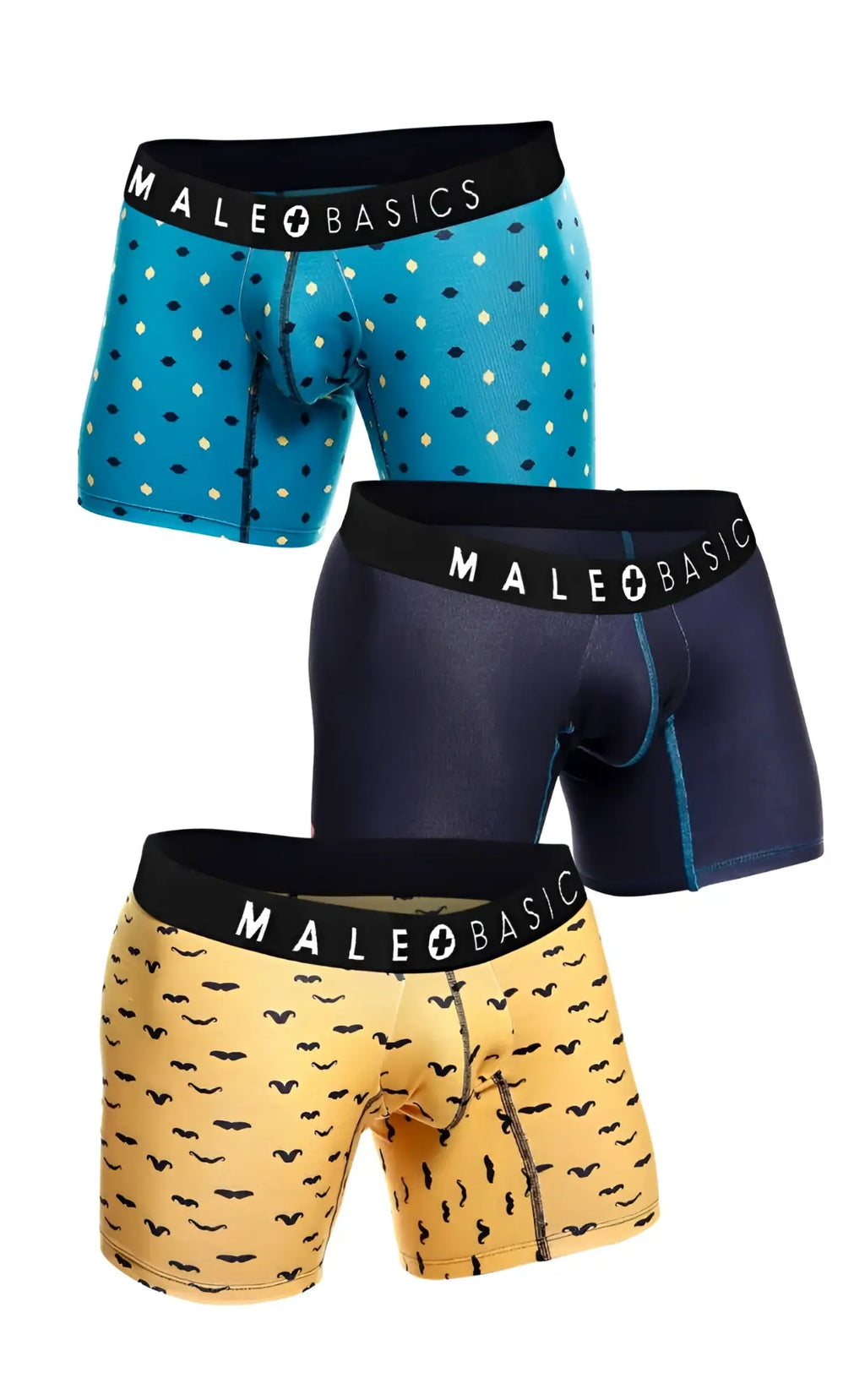 Malebasics 3-pack boxer brief stache featuring turquoise polka dots navy solid and mustard with black mustache patterns