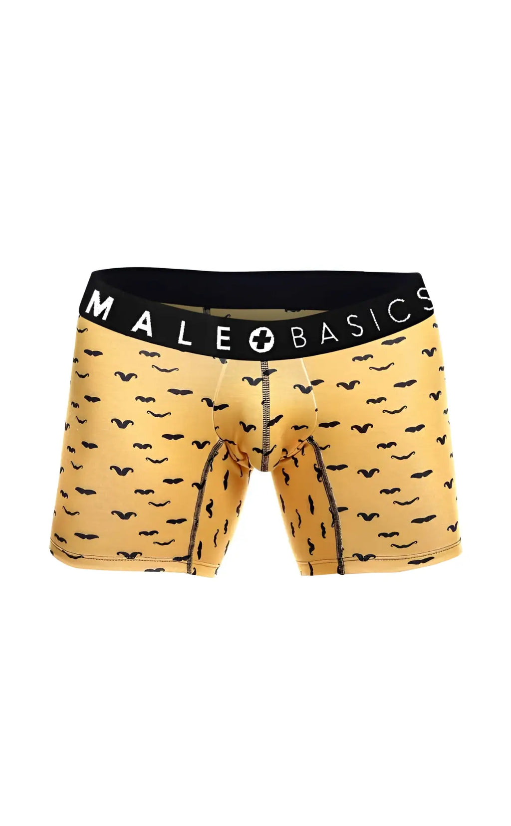 Yellow male boxer briefs with black mustache pattern and black waistband featuring MaleBasics logo from 3-pack stache set