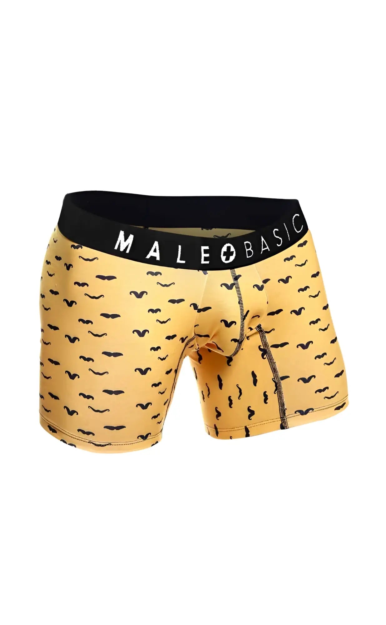 Yellow men’s boxer briefs with black mustache pattern and black waistband featuring malebasic logo from malebasics 3-pack stache