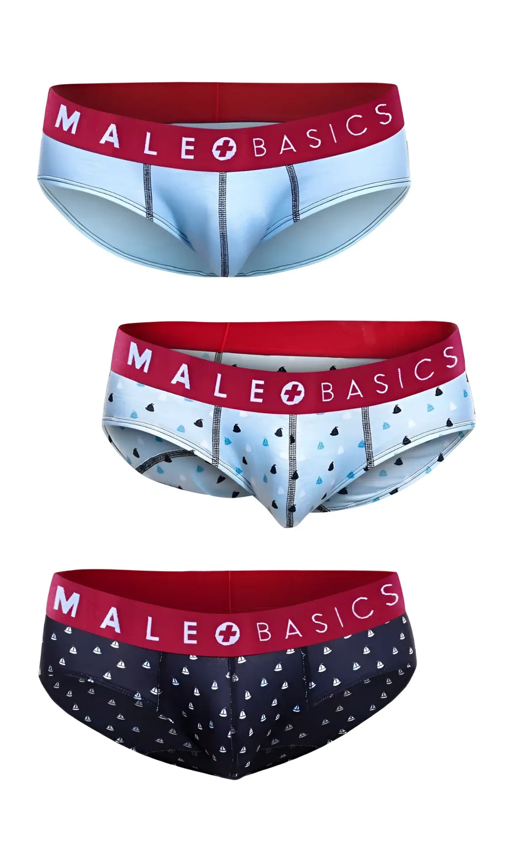 Malebasics 3-pack brief prints boats featuring three pairs of mens briefs with red waistbands and distinct blue patterns