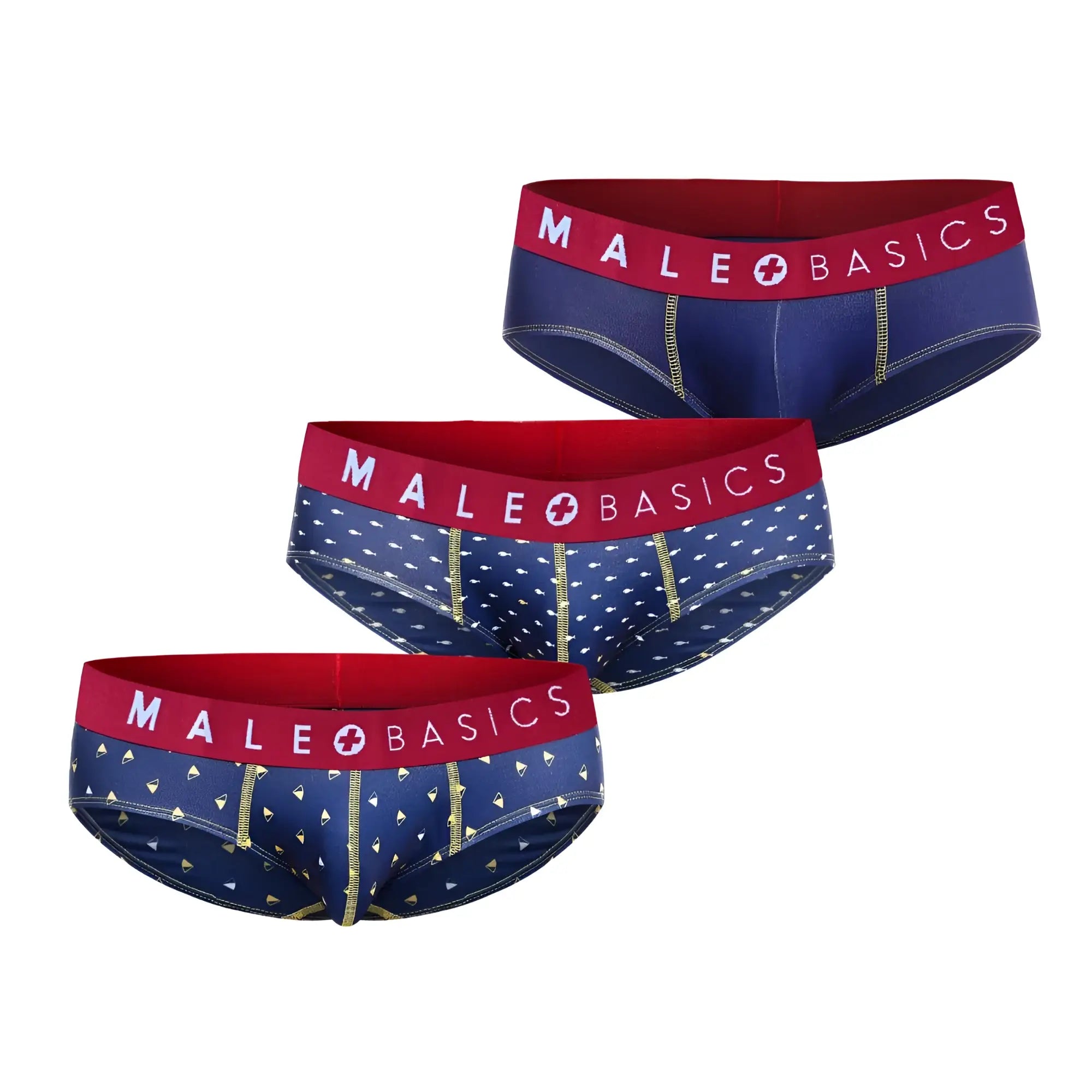 Set of three navy blue male basics briefs with white diamond patterns red waistband and gold zipper details